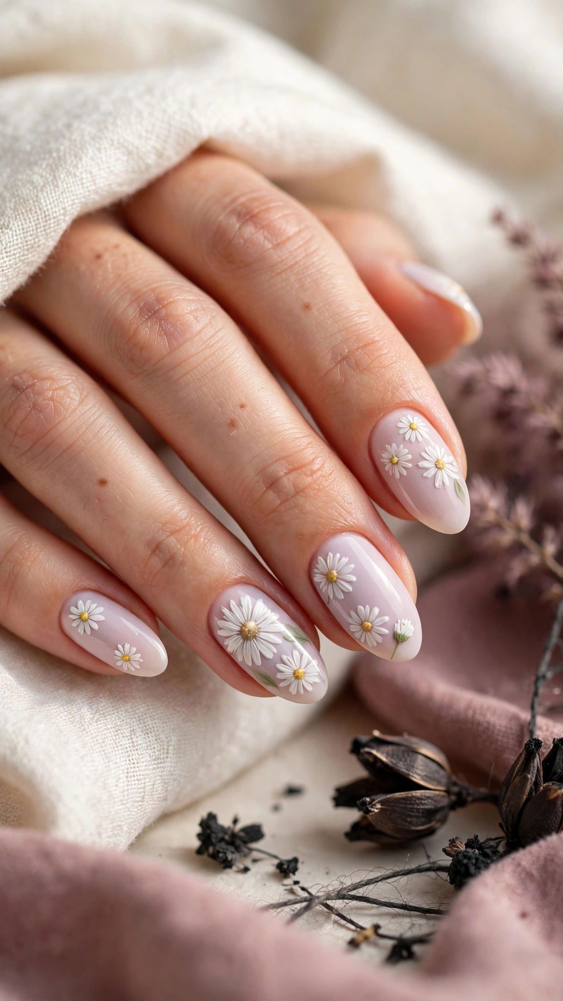 Dise&ntilde;o de u&ntilde;as con margaritas blancas pintadas a mano