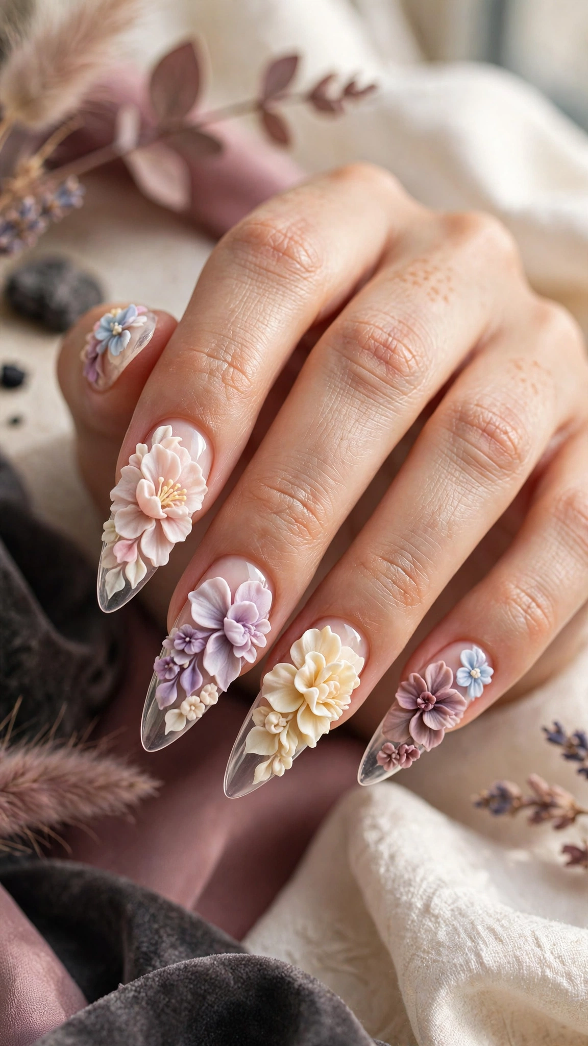Dise&ntilde;o de u&ntilde;as con flores 3D en relieve