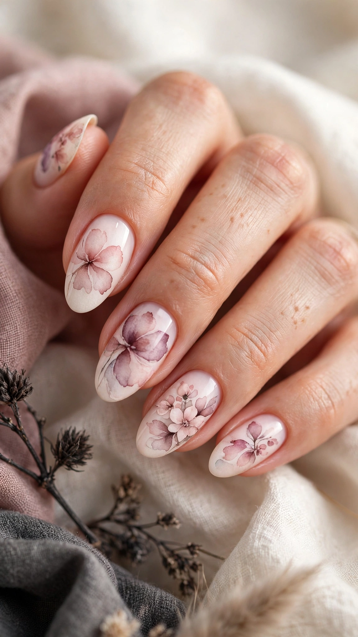 Dise&ntilde;o floral en t&eacute;cnica de acuarela sobre u&ntilde;as