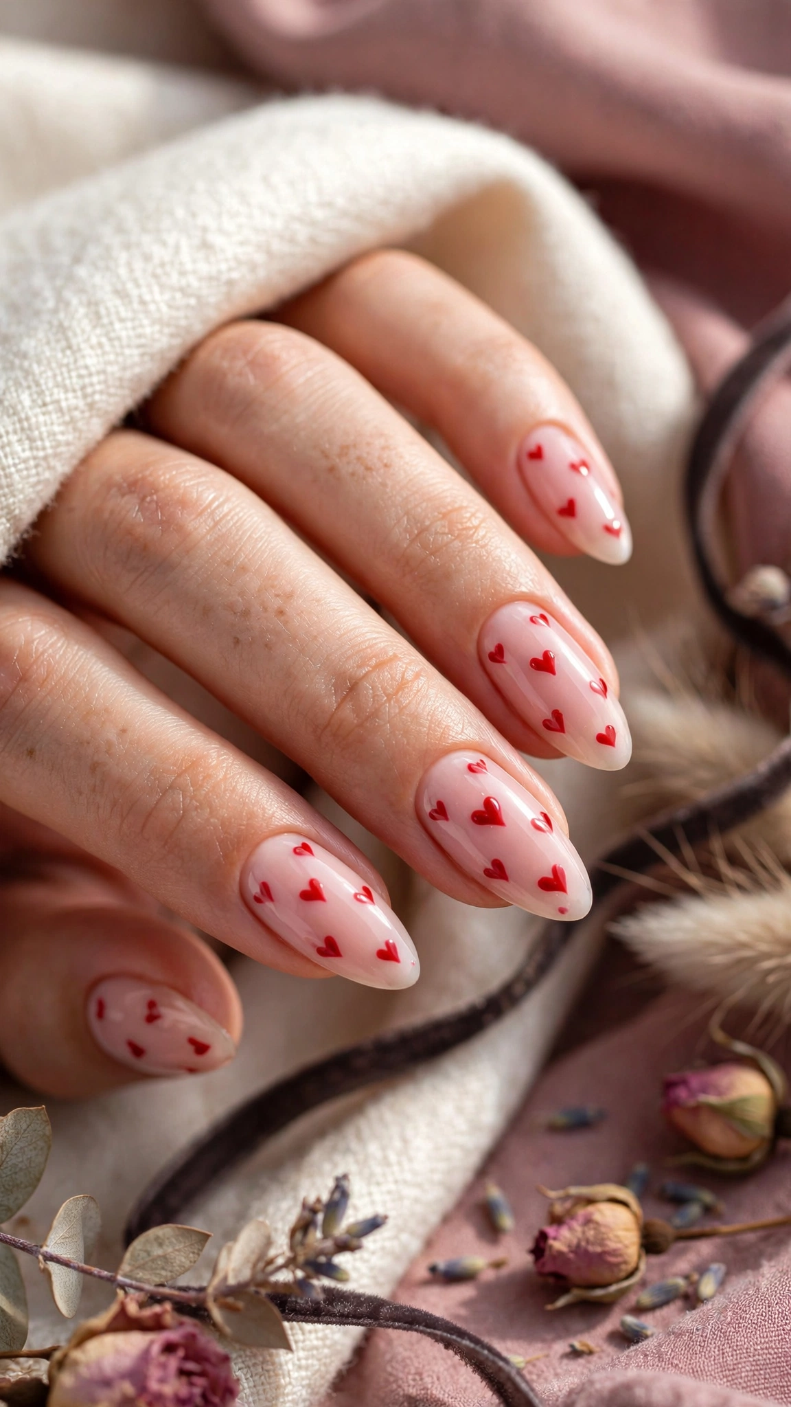 Dise&ntilde;o de u&ntilde;as de San Valent&iacute;n con corazones