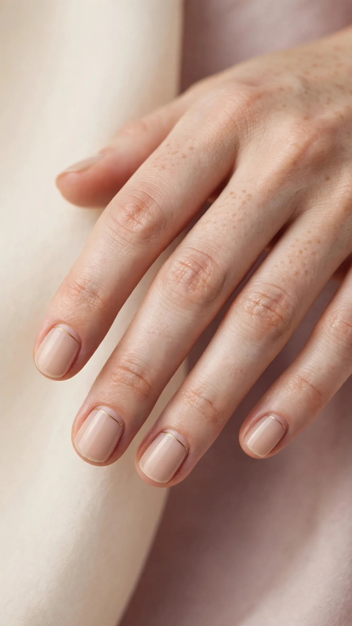 L&iacute;nea dorada minimalista cerca de la cut&iacute;cula en u&ntilde;as cortas nude