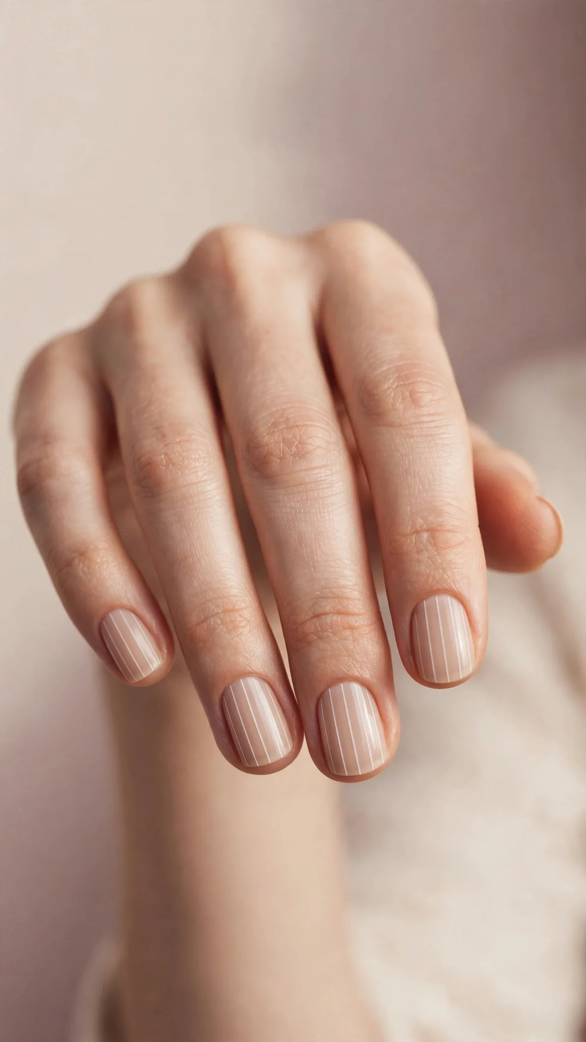 L&iacute;neas verticales blancas finas sobre u&ntilde;as cortas nude