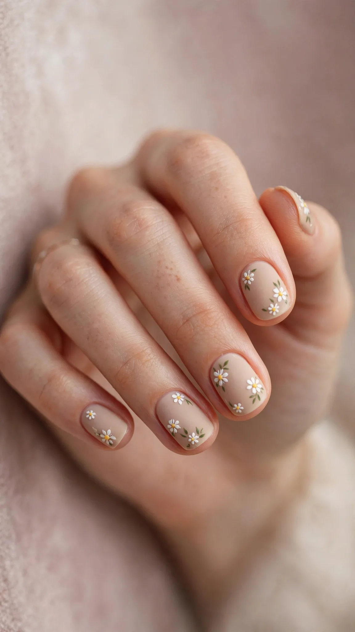Margaritas peque&ntilde;as pintadas a mano en u&ntilde;as cortas nude