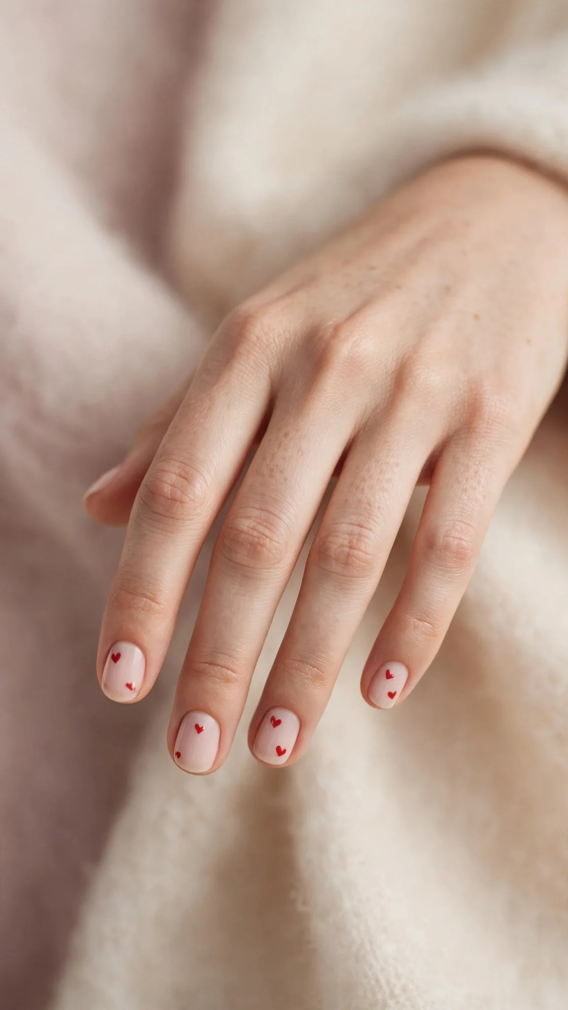 Corazones peque&ntilde;os rojos en u&ntilde;as cortas rosa p&aacute;lido