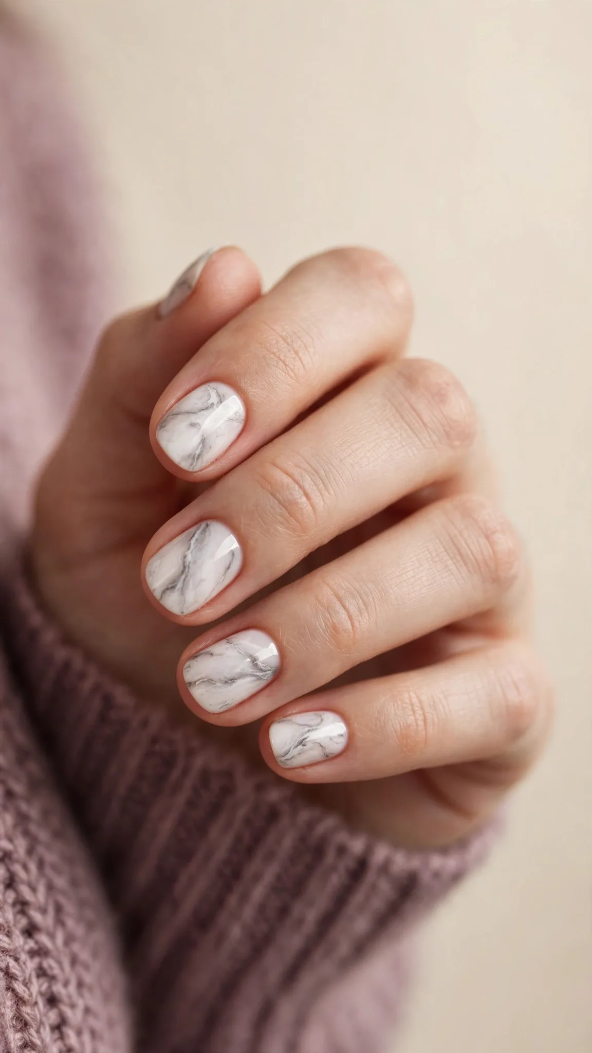 Efecto m&aacute;rmol en blanco y gris en u&ntilde;as cortas