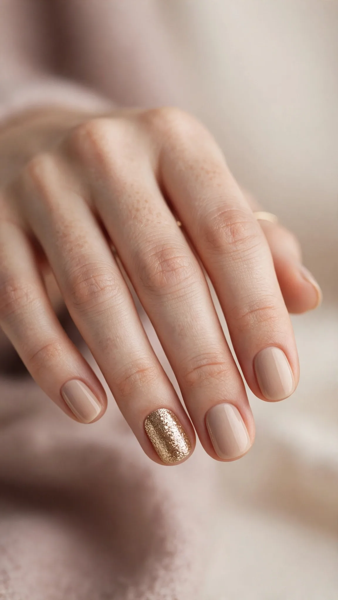 U&ntilde;a de acento con glitter dorado en manicura nude corta