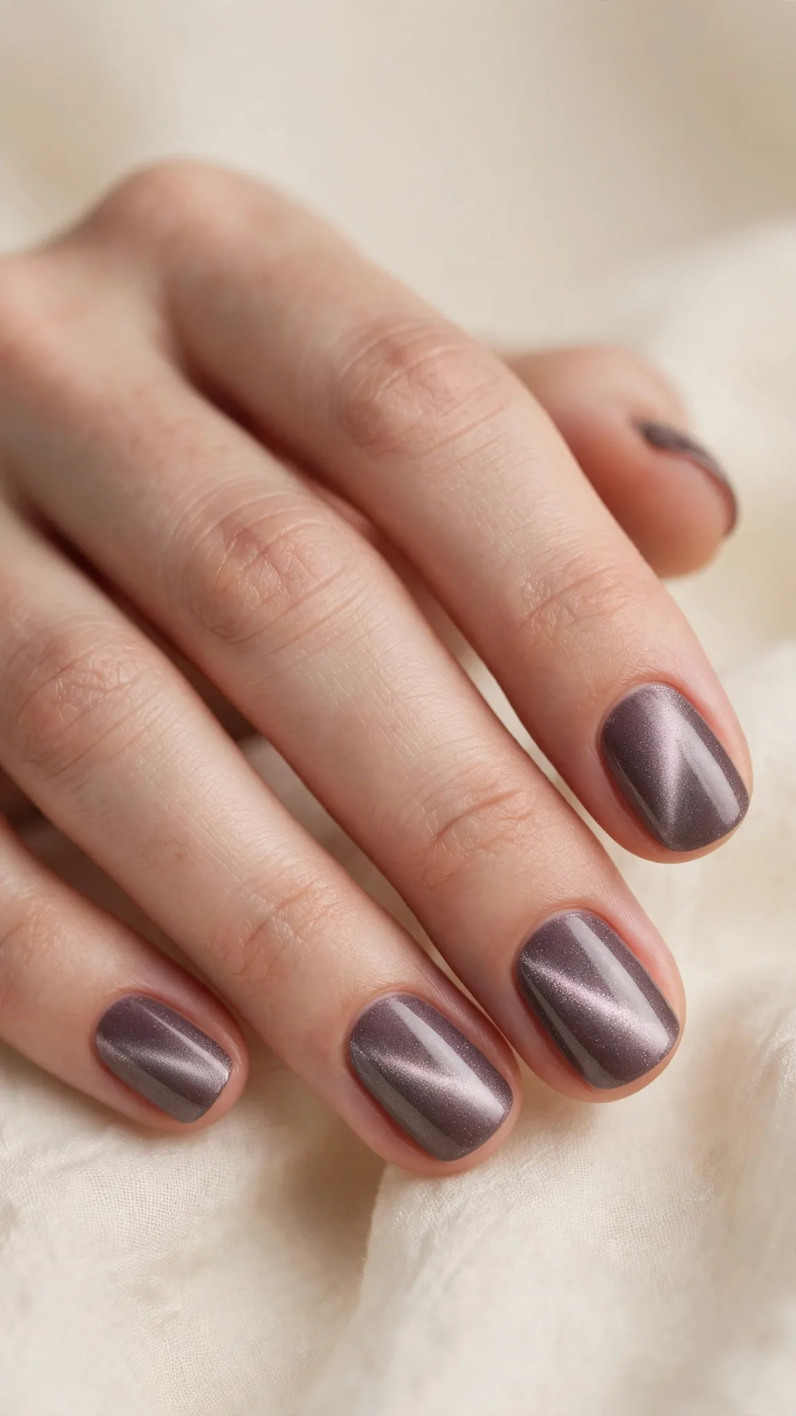 Efecto ojo de gato sutil en tonos gris malva en u&ntilde;as cortas
