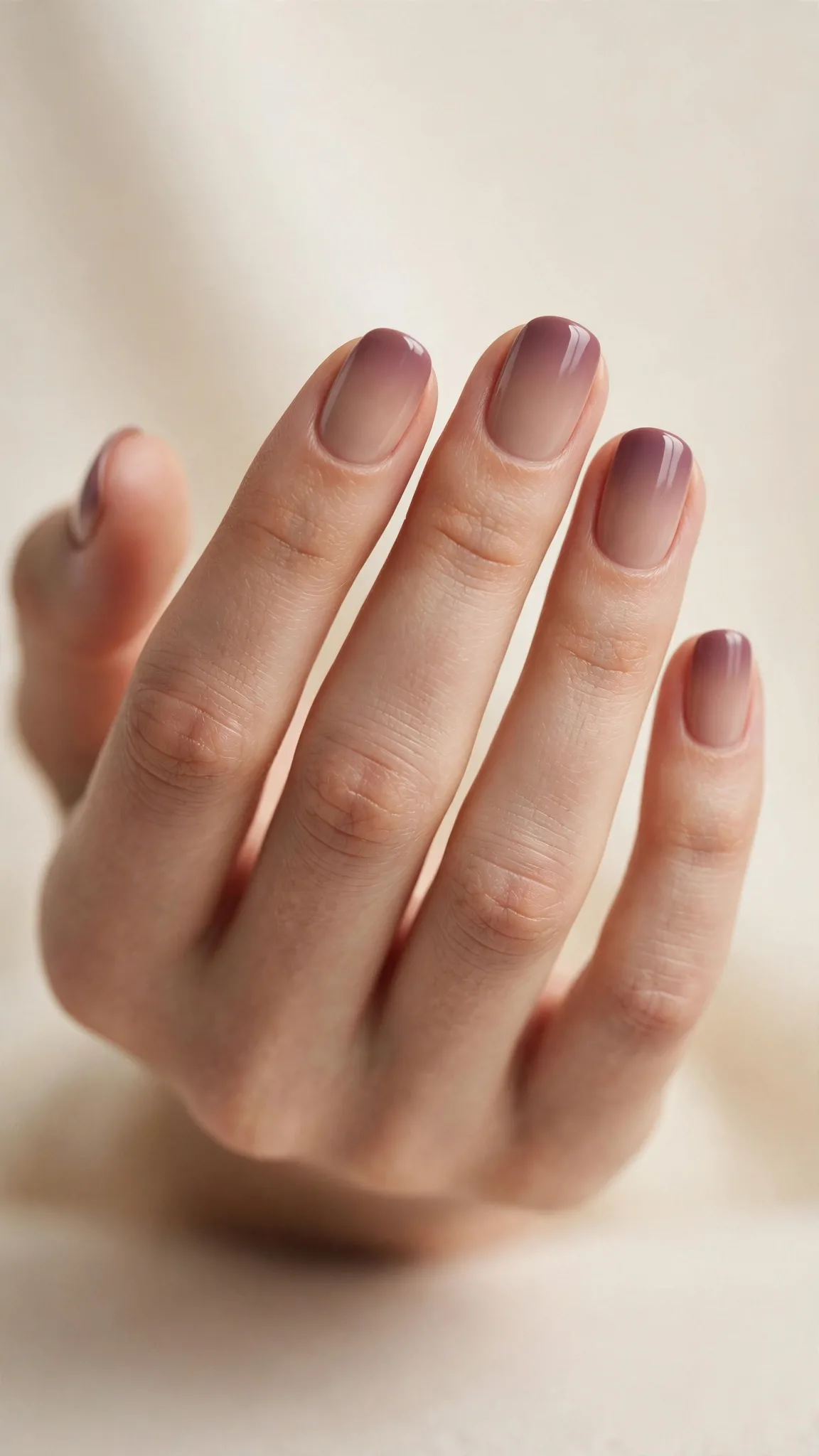 Degradado vertical de nude a malva en u&ntilde;as cortas