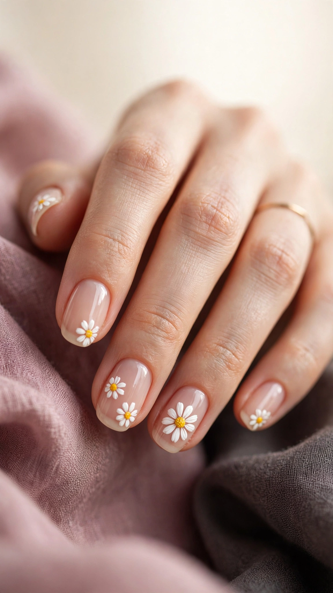 White daisy nail art with yellow centers on sheer nude nails
