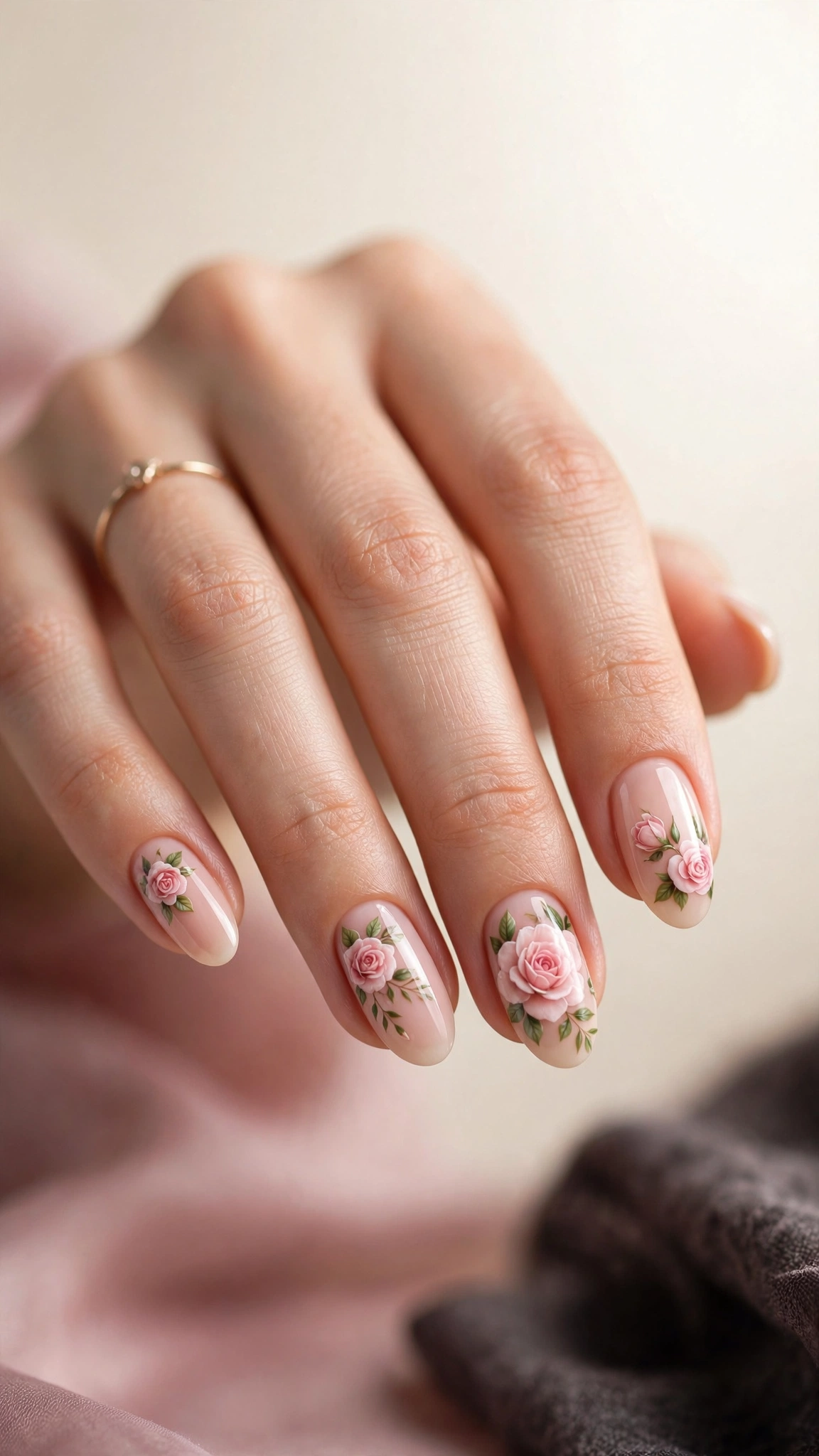 Layered pink rose nail art with green leaves on blush nude nails