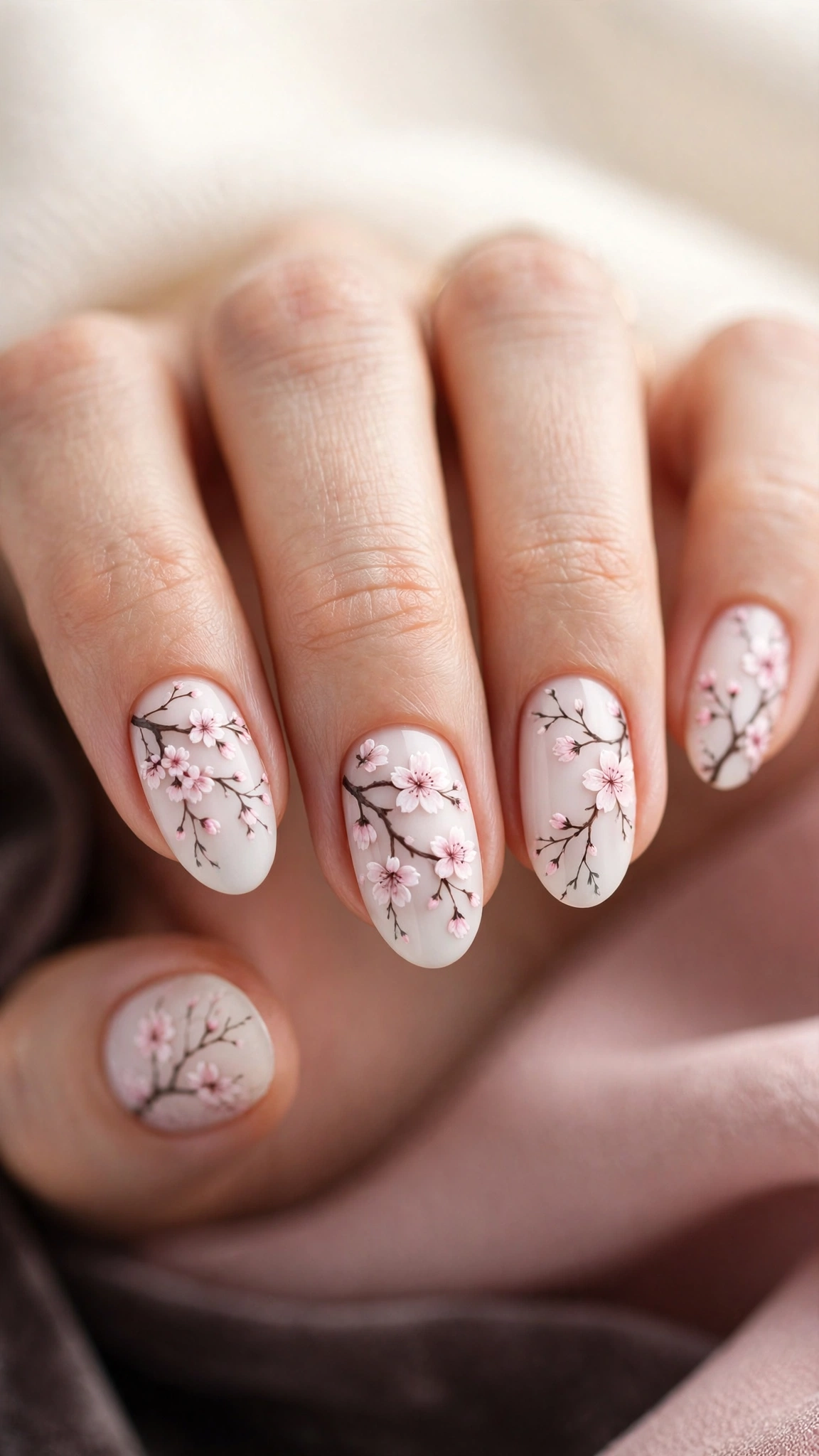 Cherry blossom branch nail art with pink sakura flowers on milky white nails