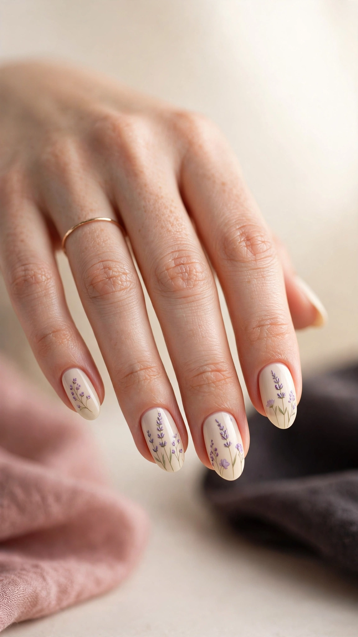 Delicate lavender sprig nail art with purple buds on cream nails