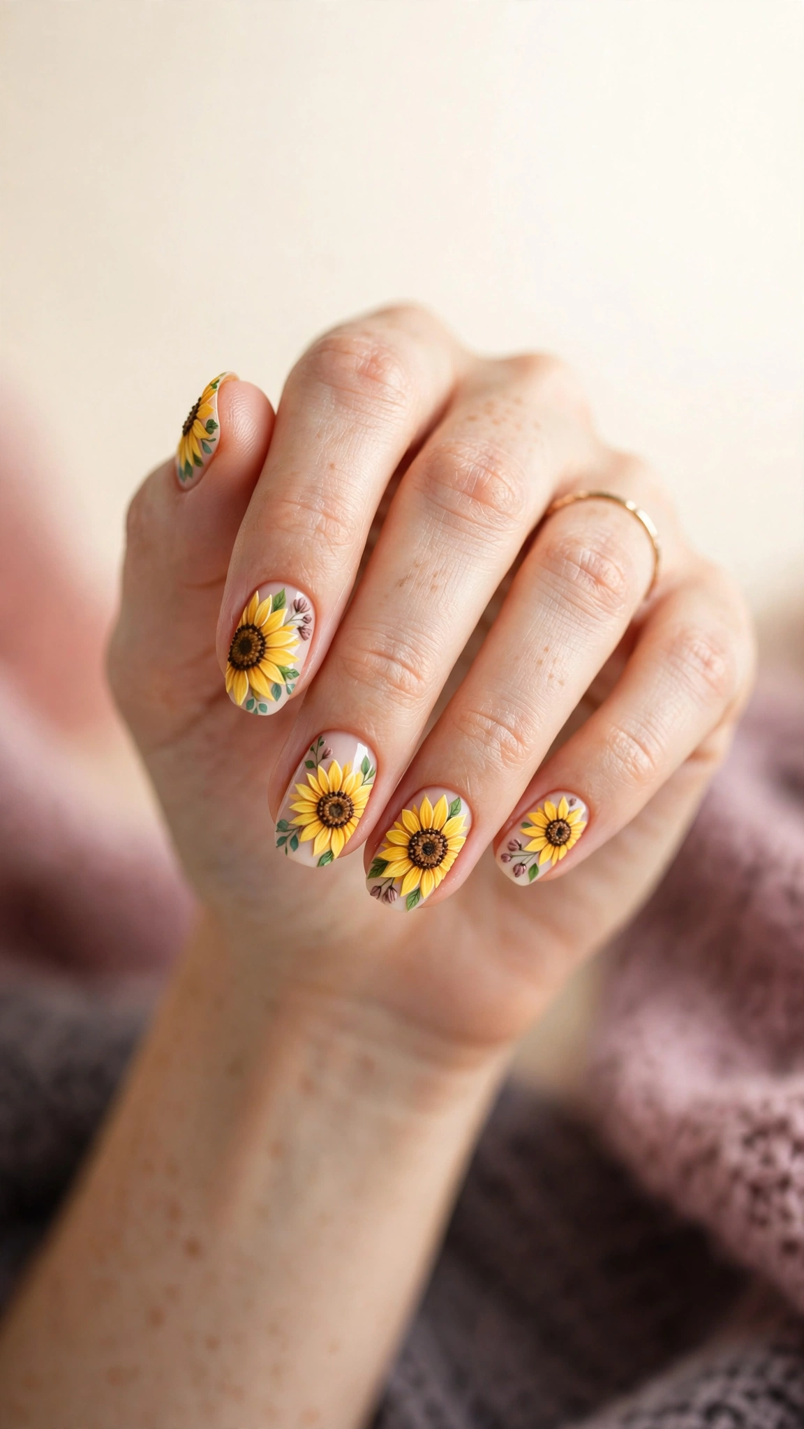 Bold sunflower nail art with yellow petals and brown centers