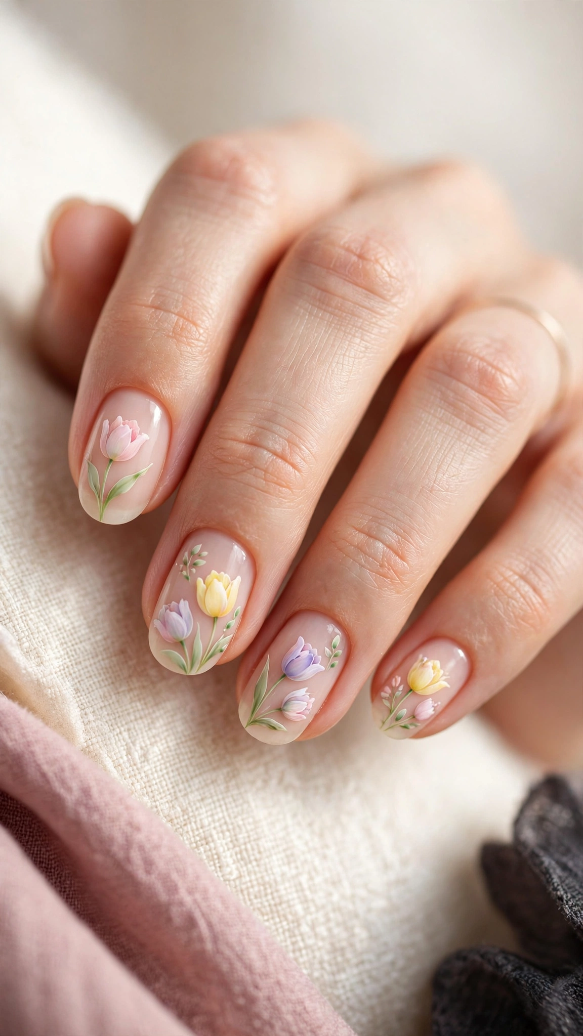 Pastel tulip nail art in pink and yellow on a sheer base