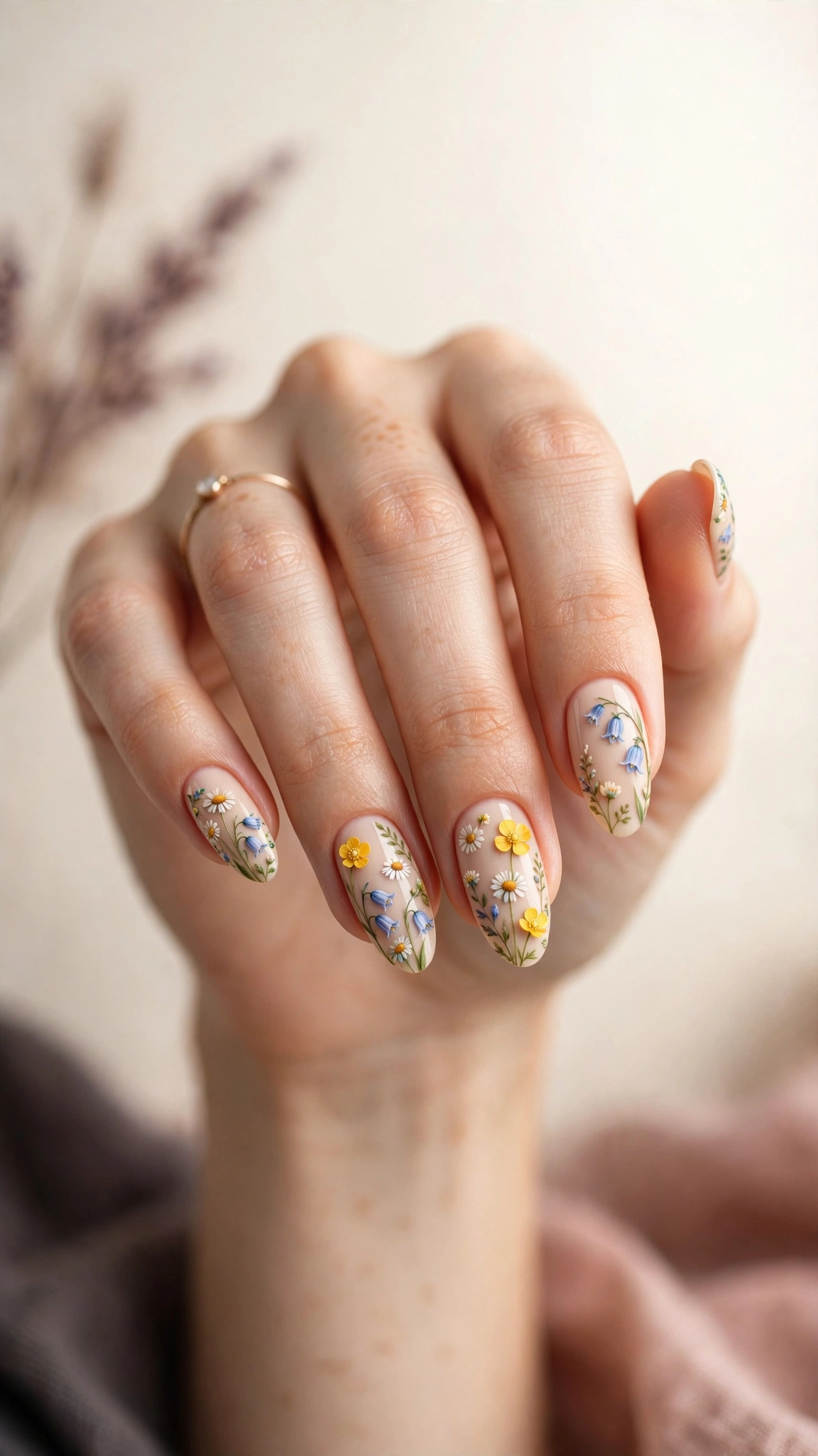 Mixed wildflower meadow nail art with tiny colorful blooms on nude nails