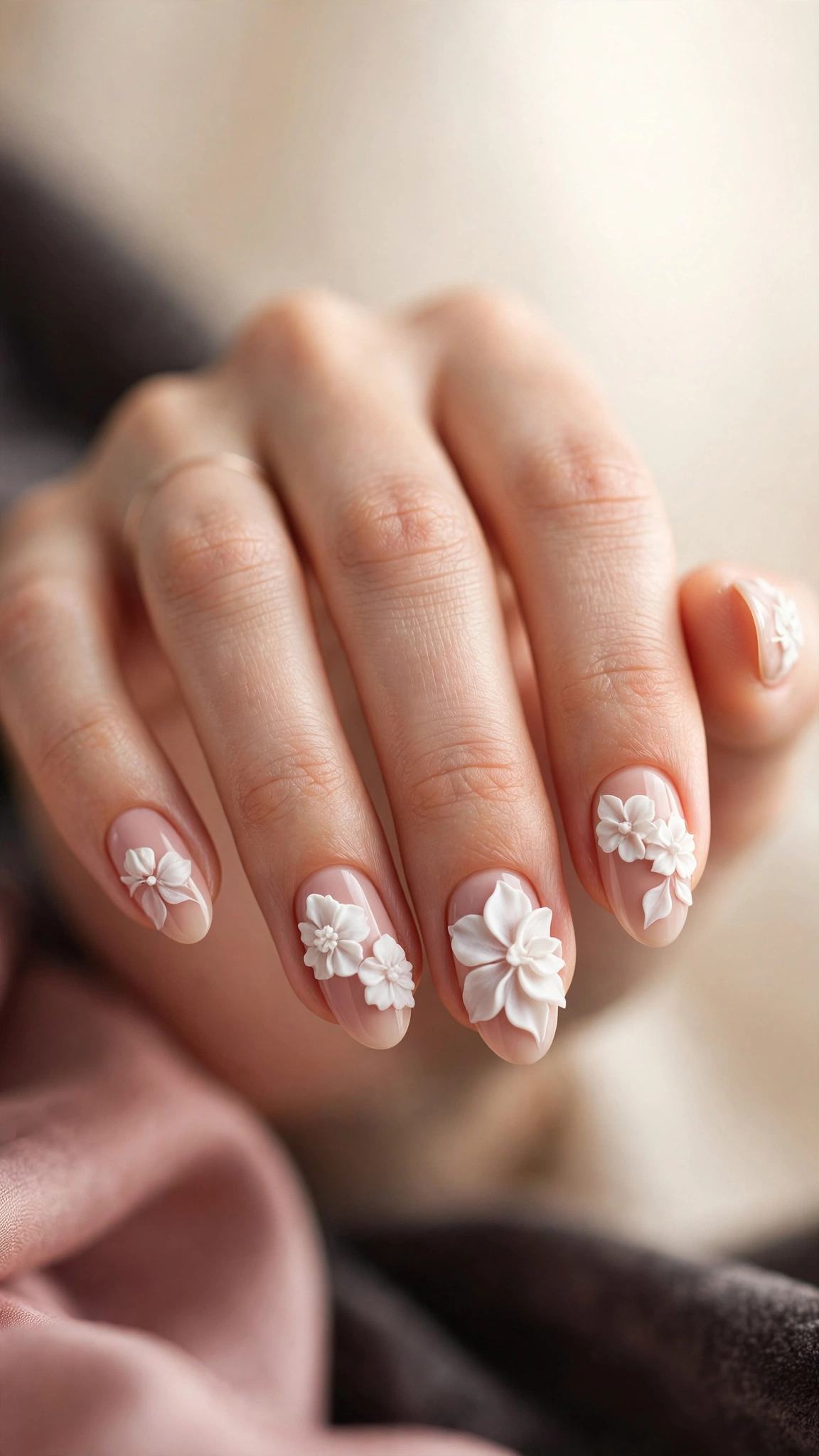 3D sculpted white flower nail art with raised petals