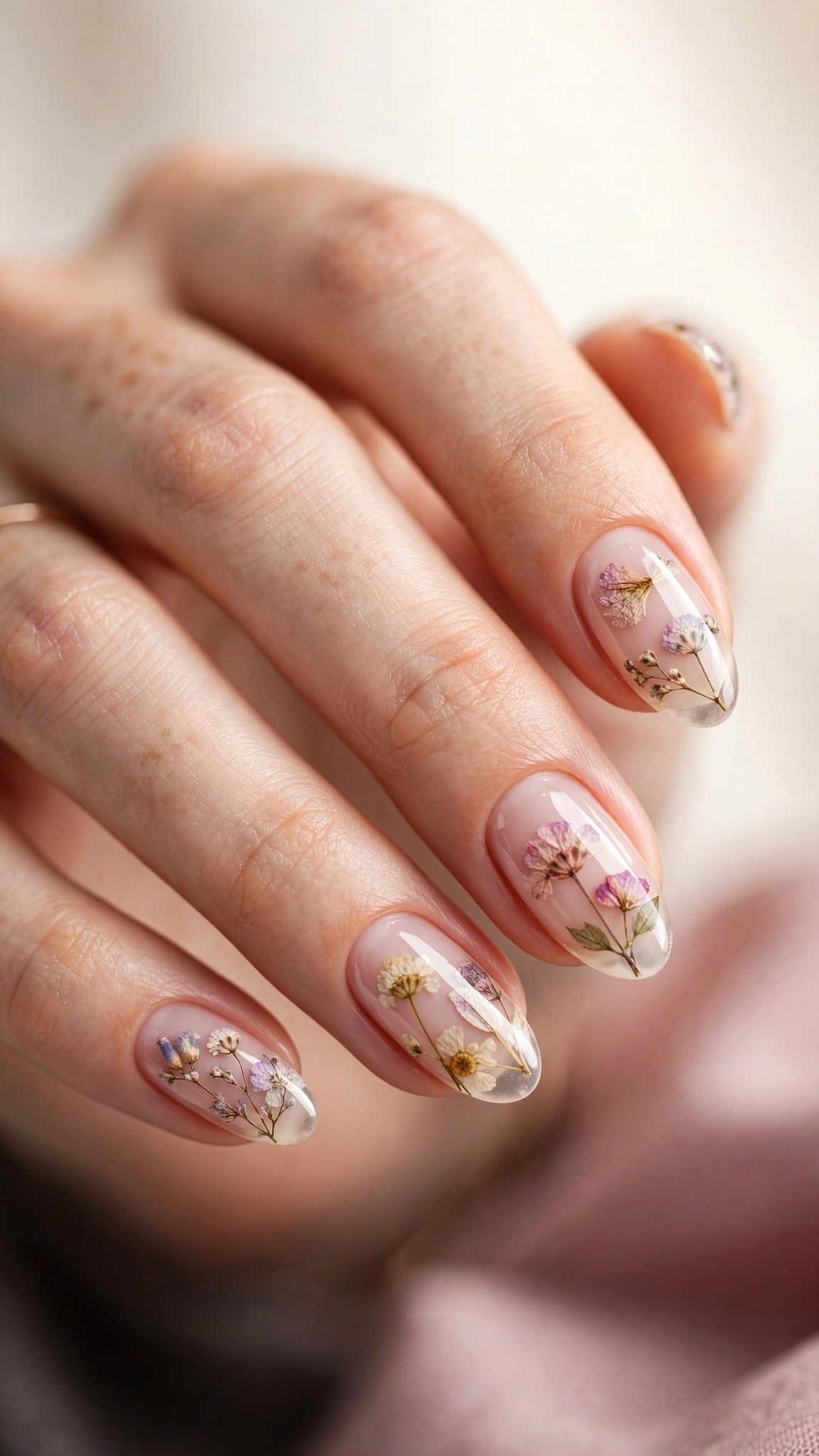 Real dried flowers encapsulated under clear gel on long nails