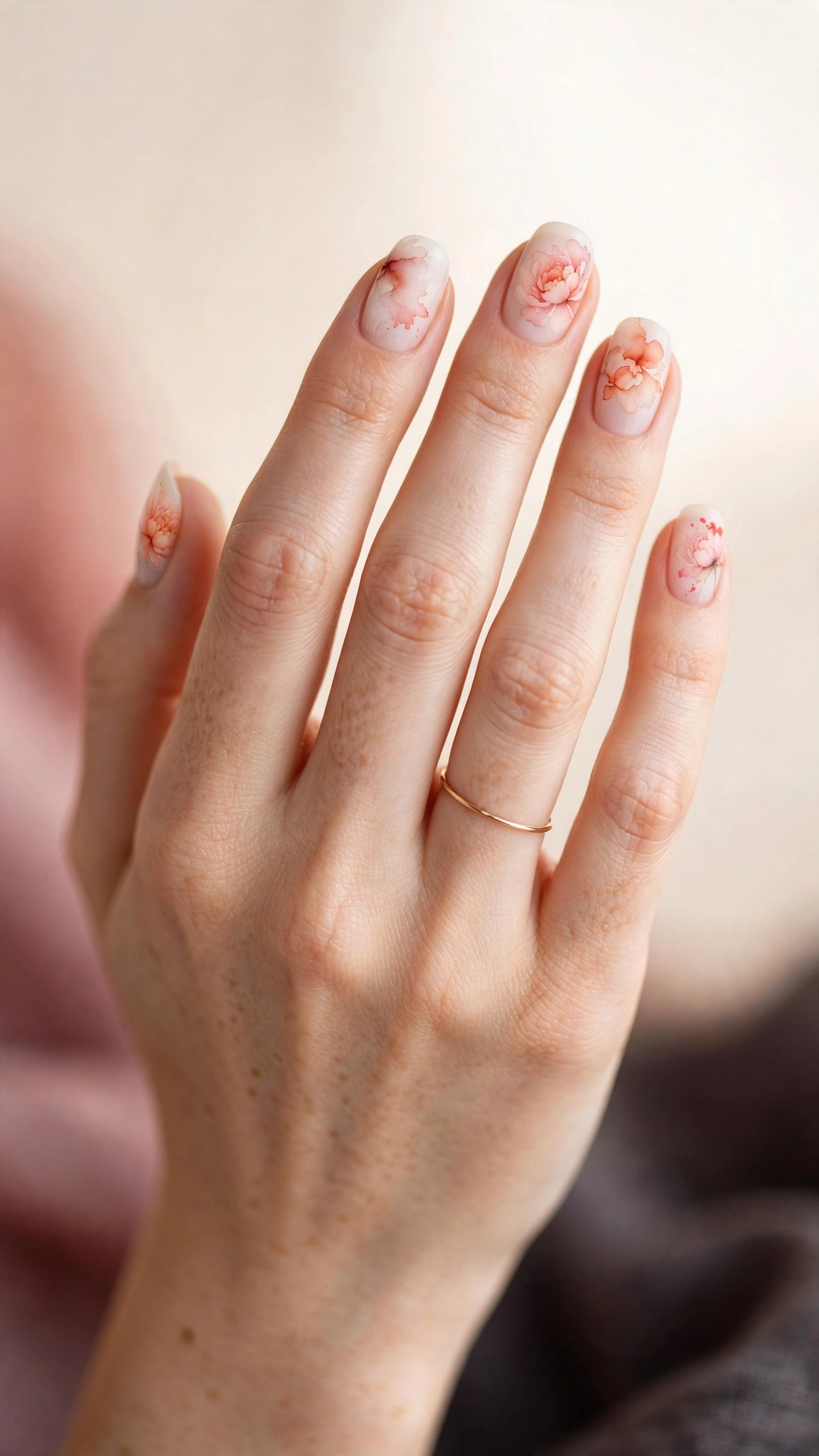 Watercolor peony nail art with soft pink washes on milky nails
