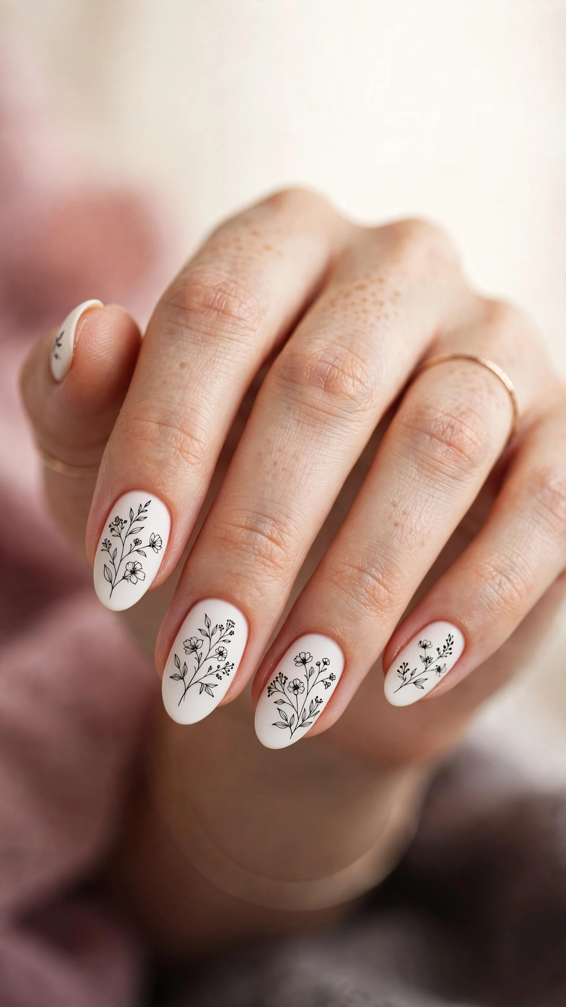 Black and white botanical line-art floral nails