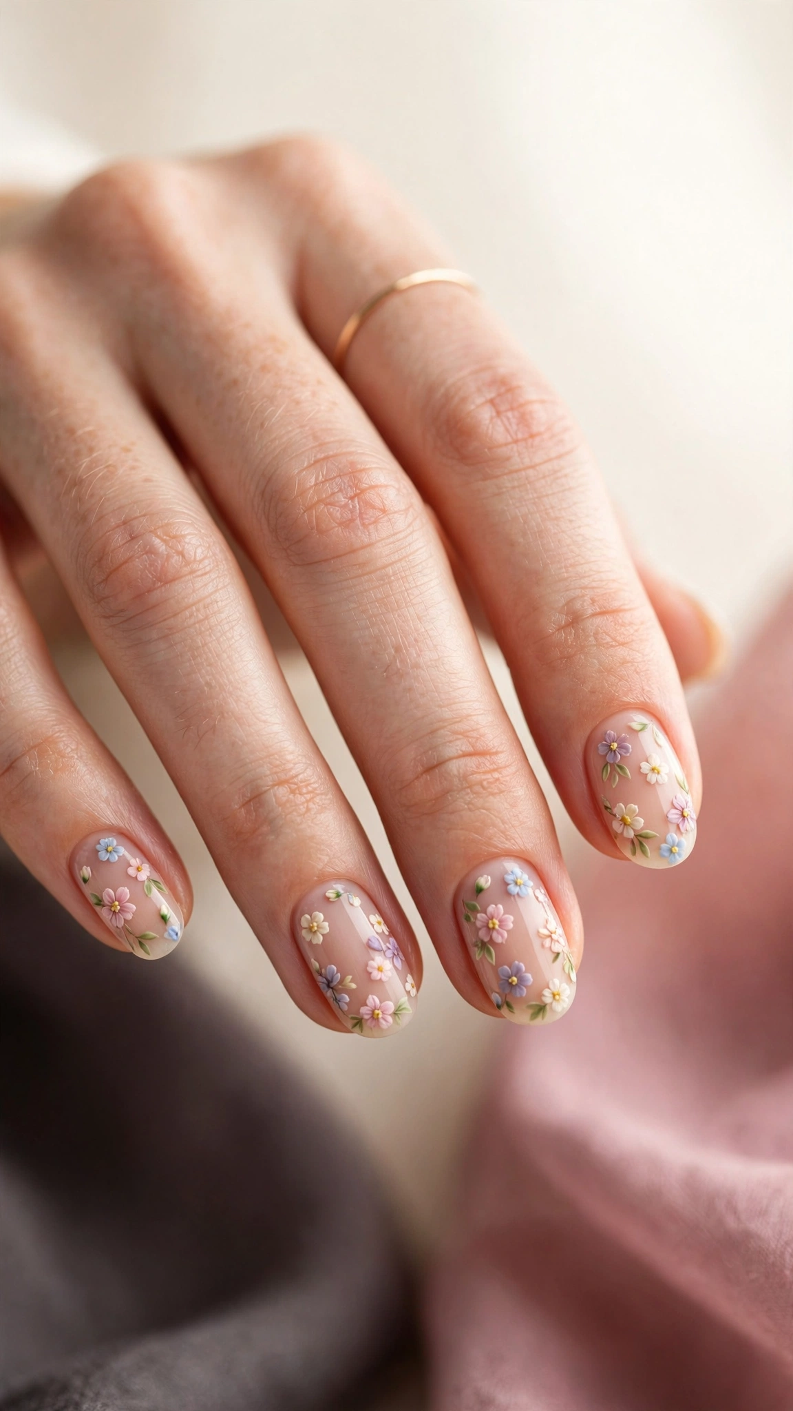 Tiny scattered micro floral nail art on sheer nude nails