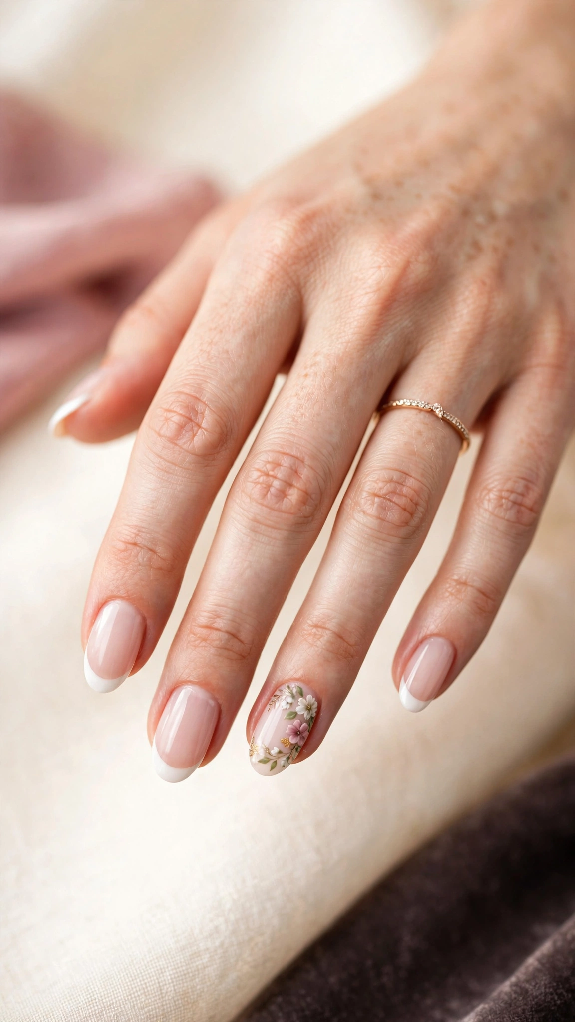 French tip nails with a floral accent nail