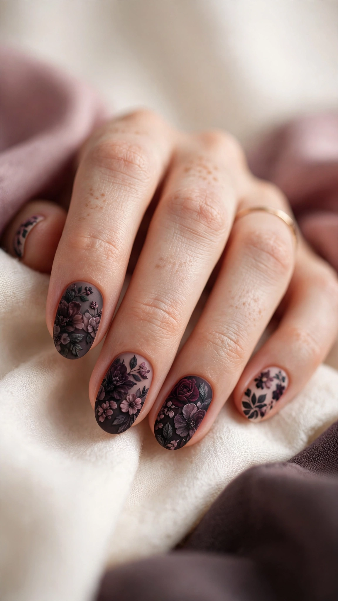 Matte floral nail art with velvety deep-toned flowers