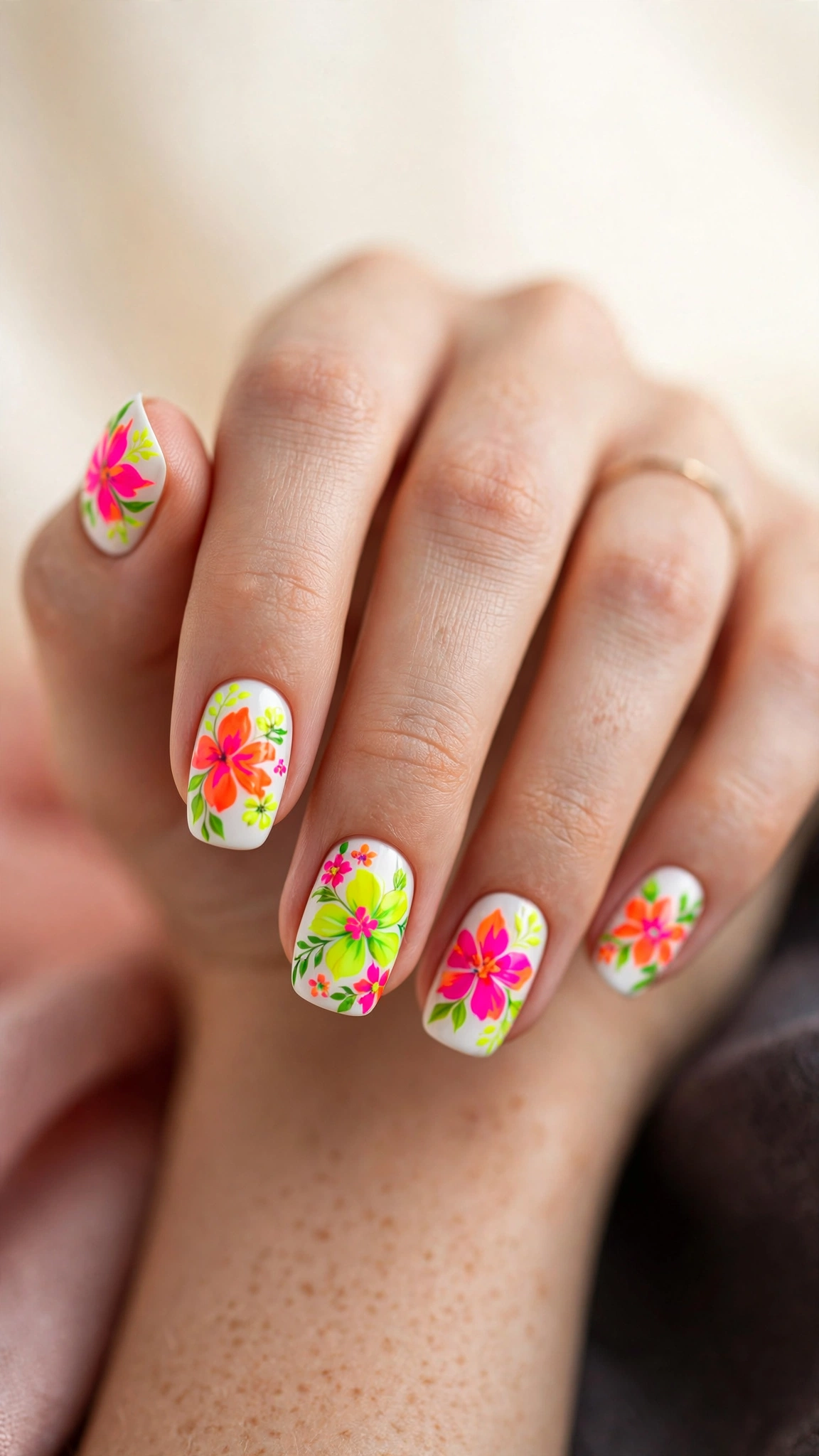 Neon floral nail art with bright pink and orange flowers on white