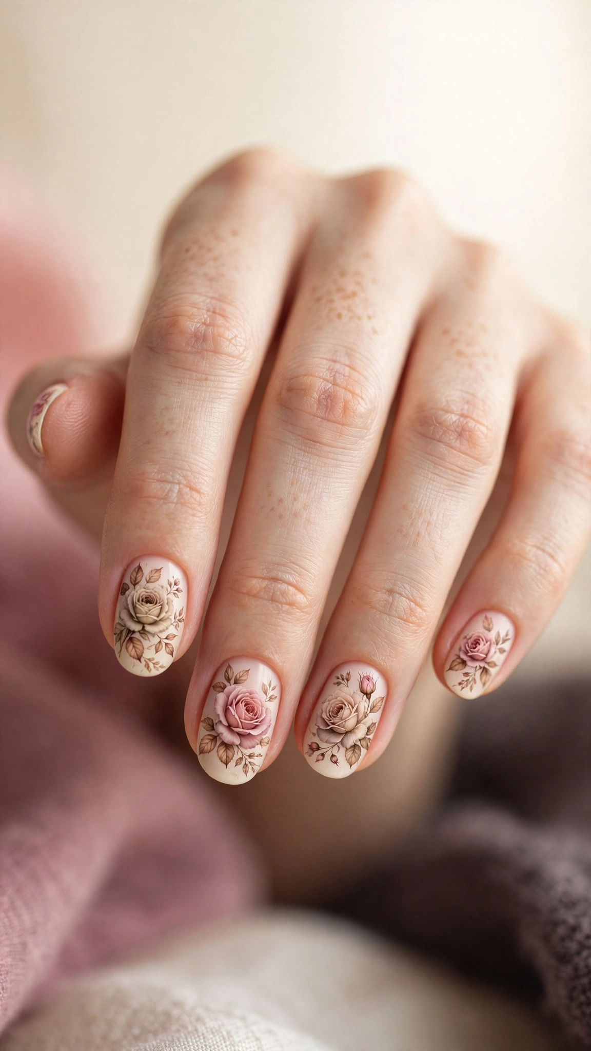 Vintage dusty rose nail art in muted pink and mauve
