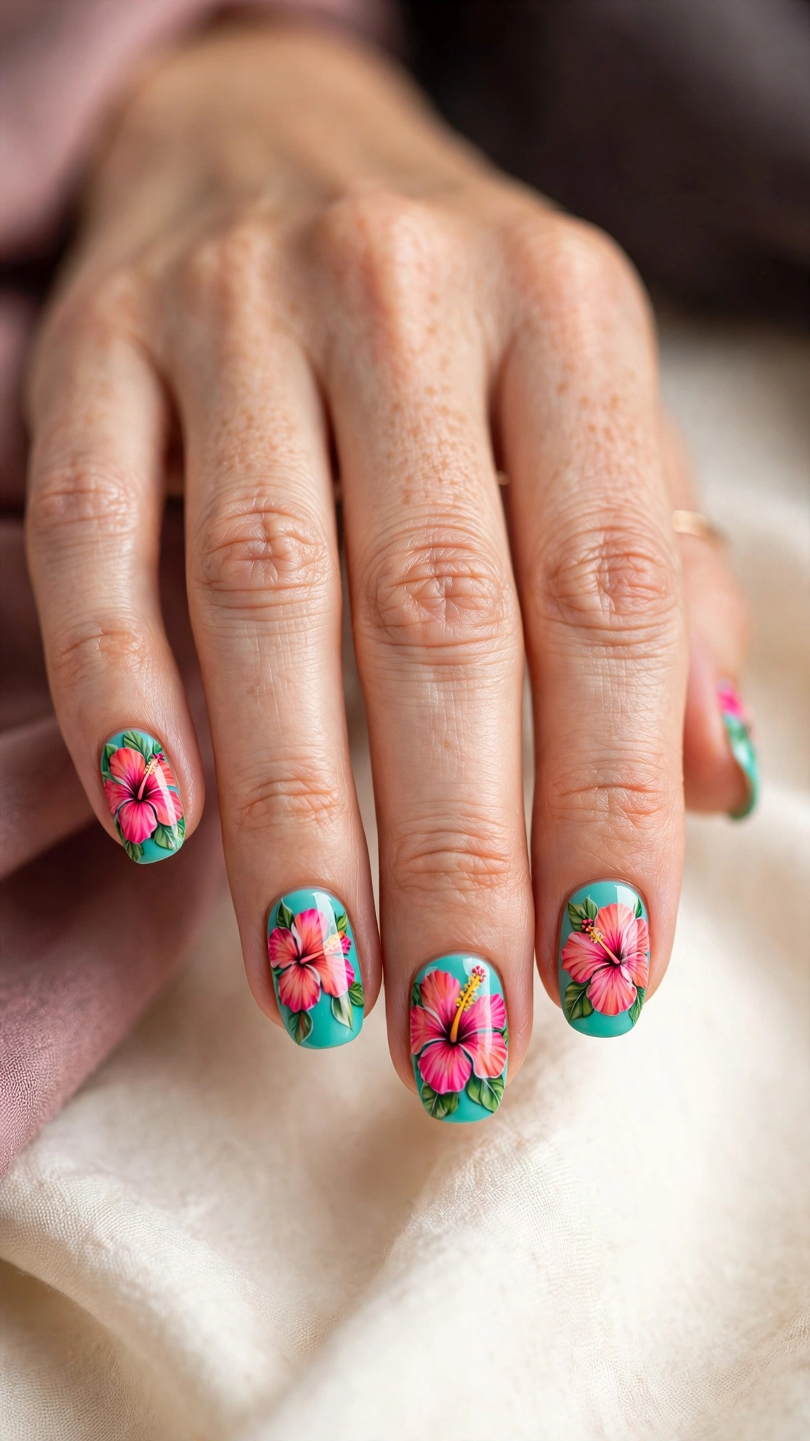 Tropical hibiscus nail art with bold pink blooms