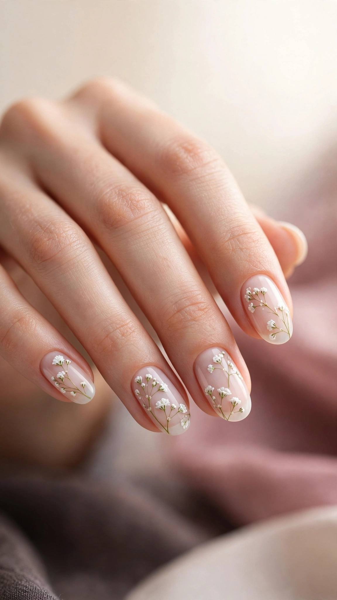 Baby's breath sprig nail art with tiny white buds on milky nails