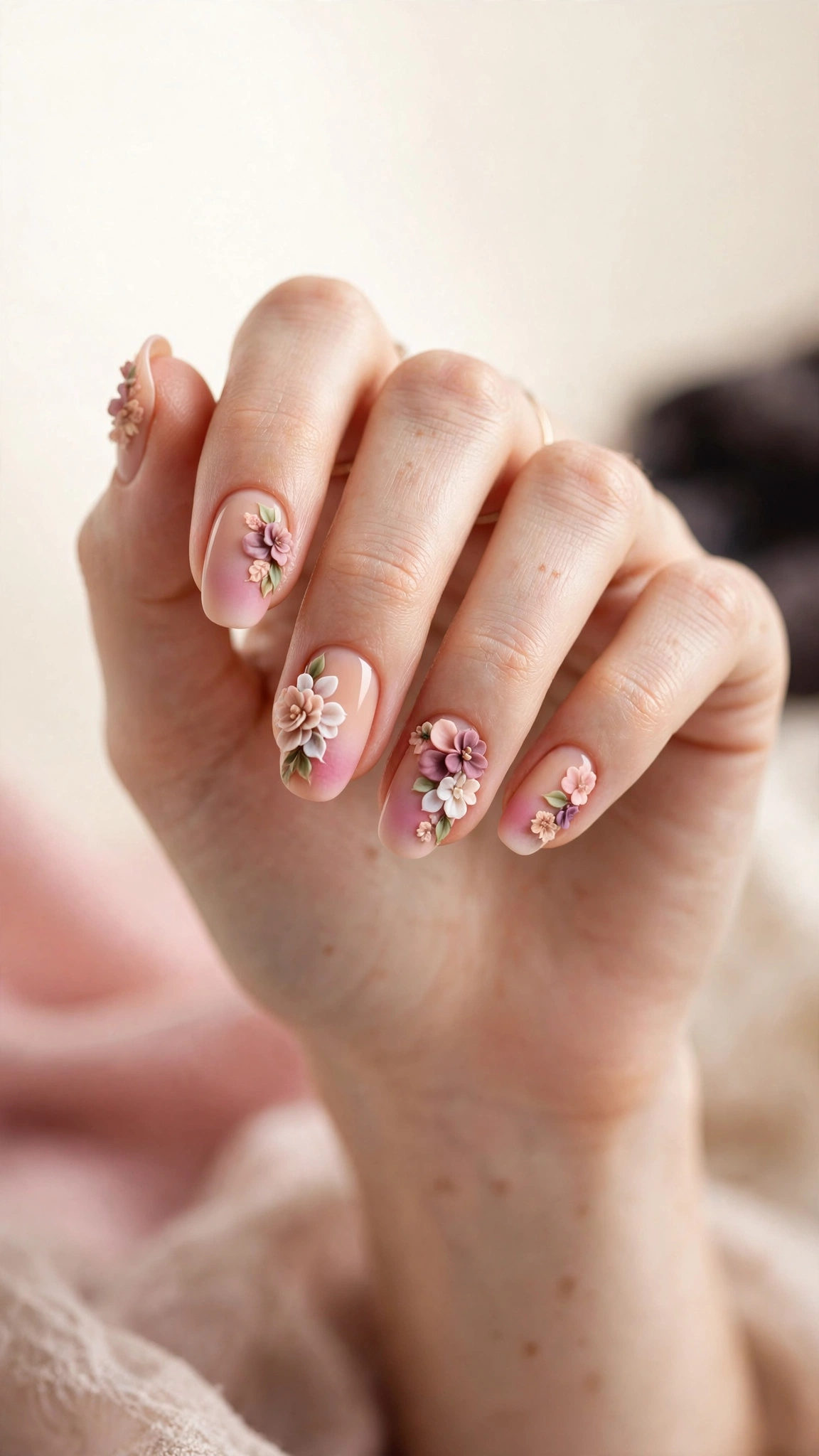 Floral ombre nail art with flowers over a pink gradient