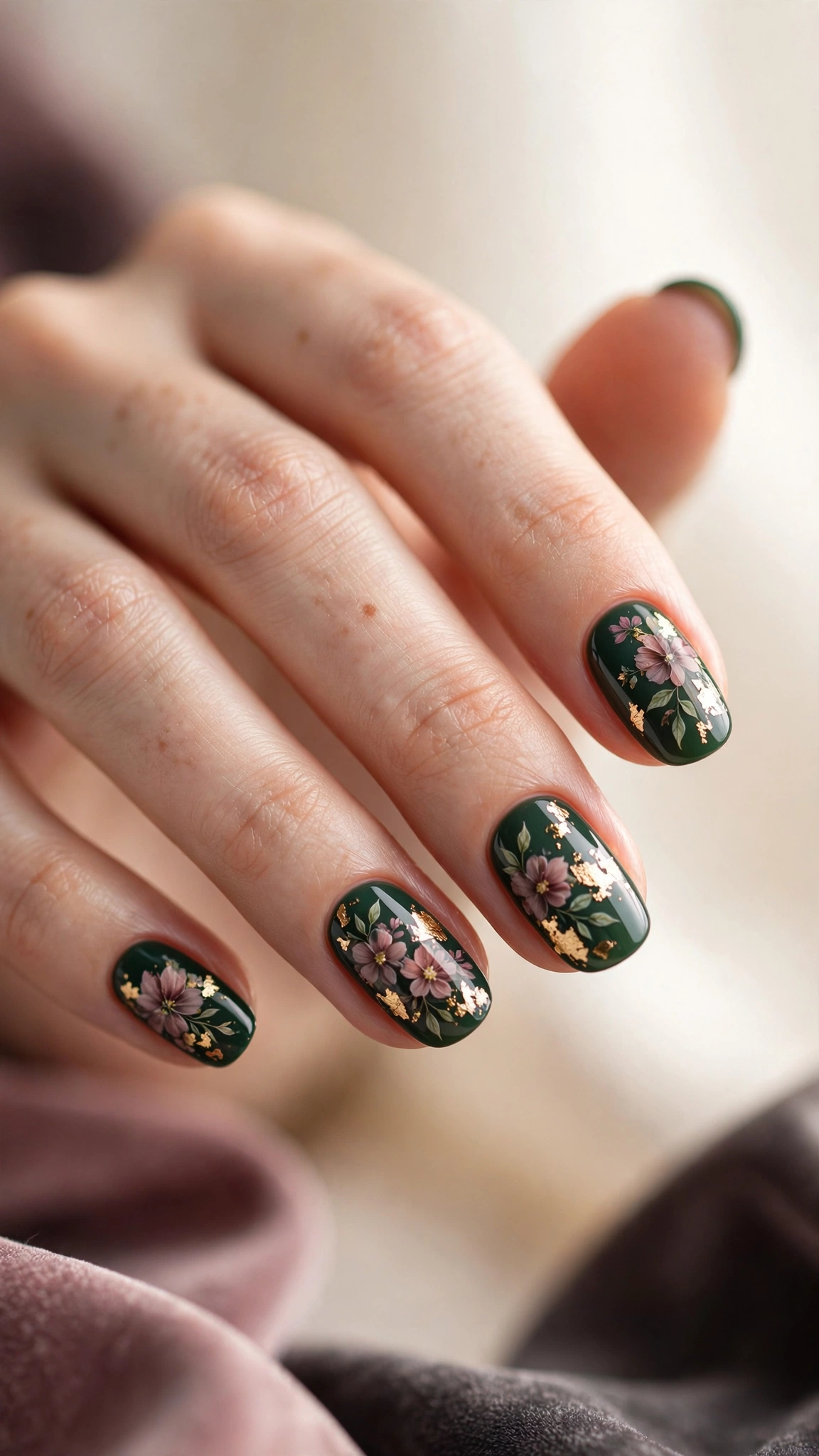 Gold foil floral nail art with metallic accents