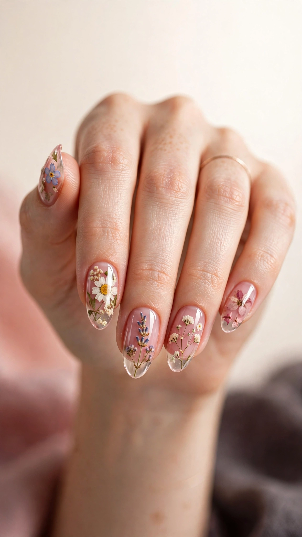 Pressed flower jelly nails with real blooms suspended in translucent polish