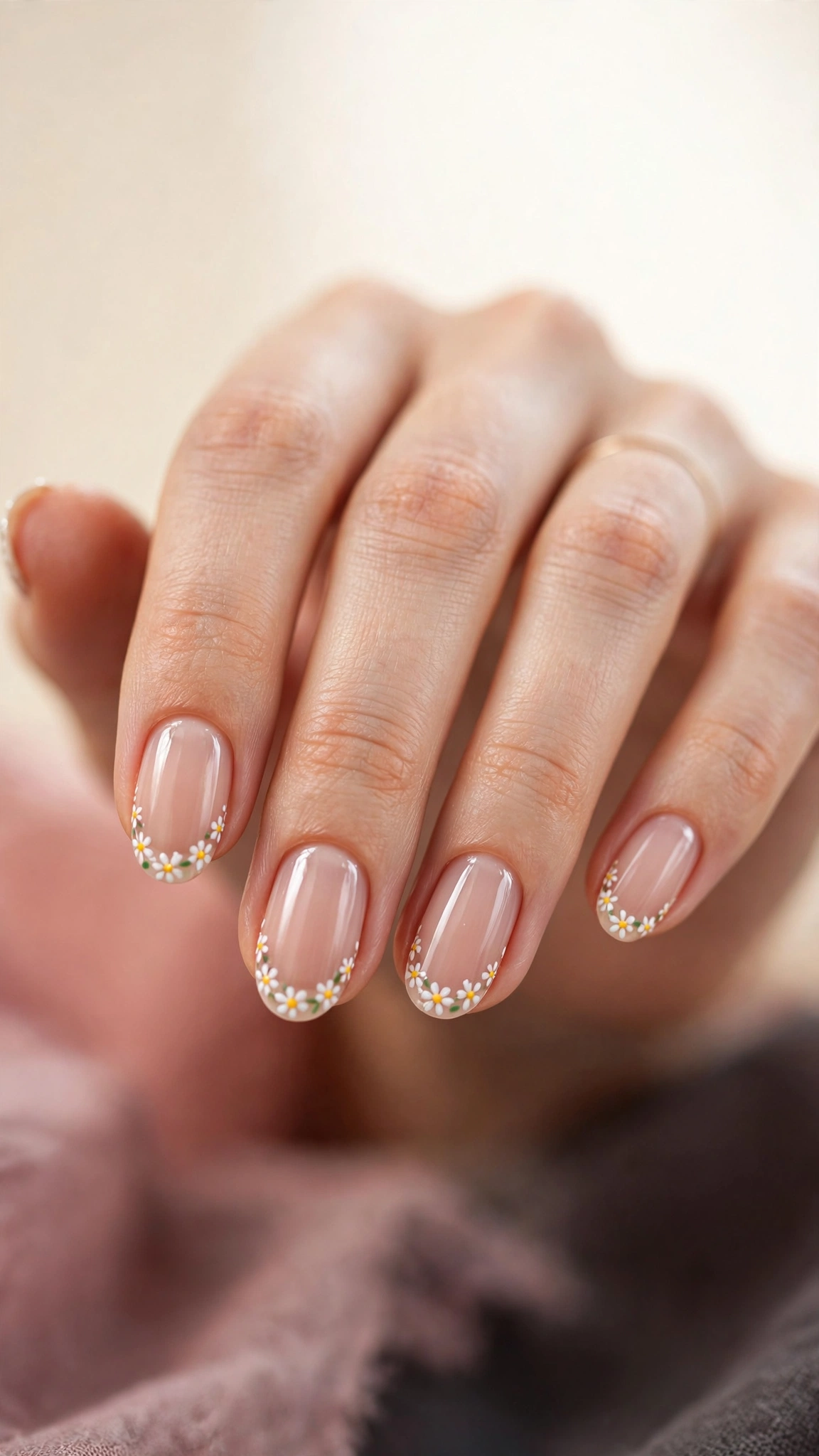 Daisy French tip nails with tiny daisies along the smile line