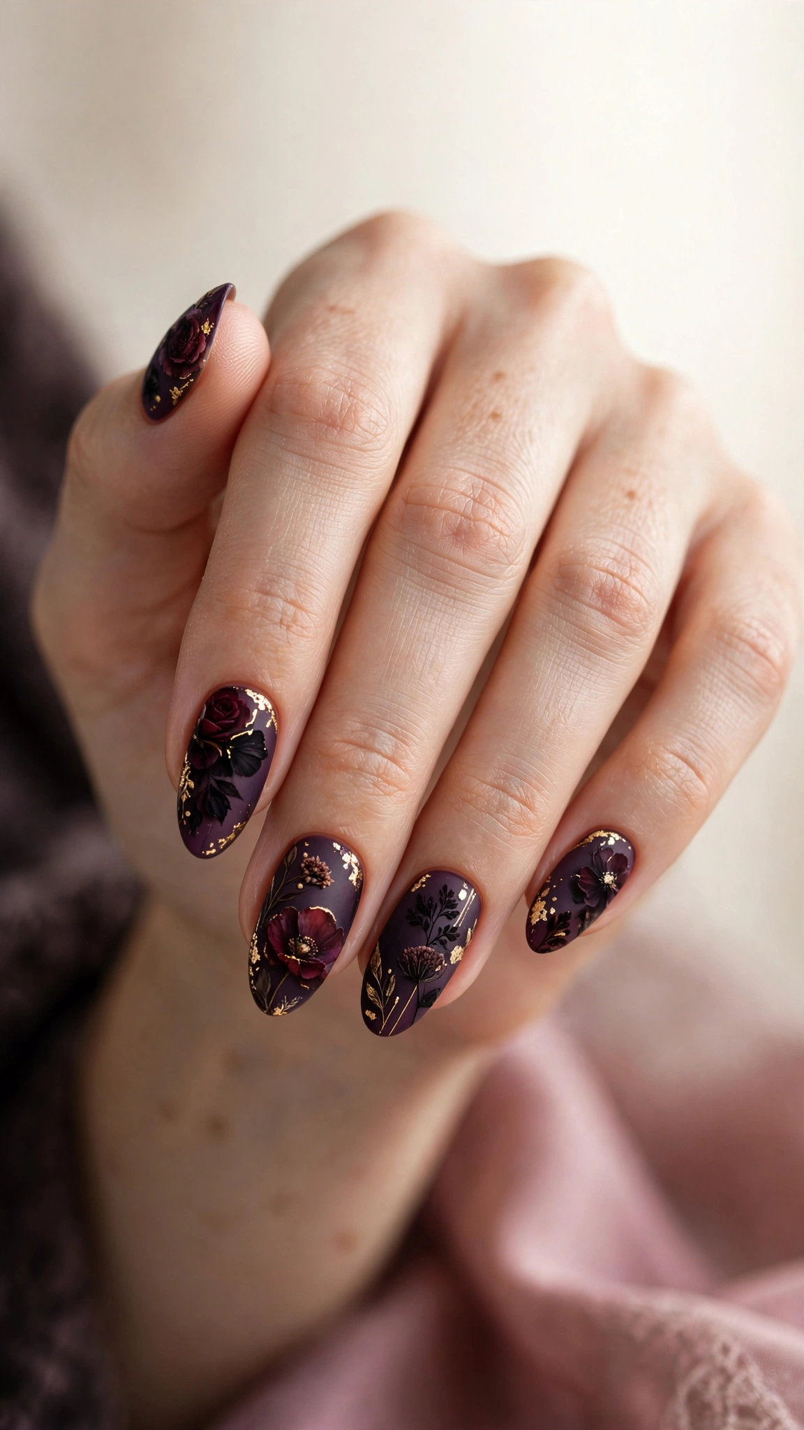 Dark moody floral nail art with burgundy blooms on black