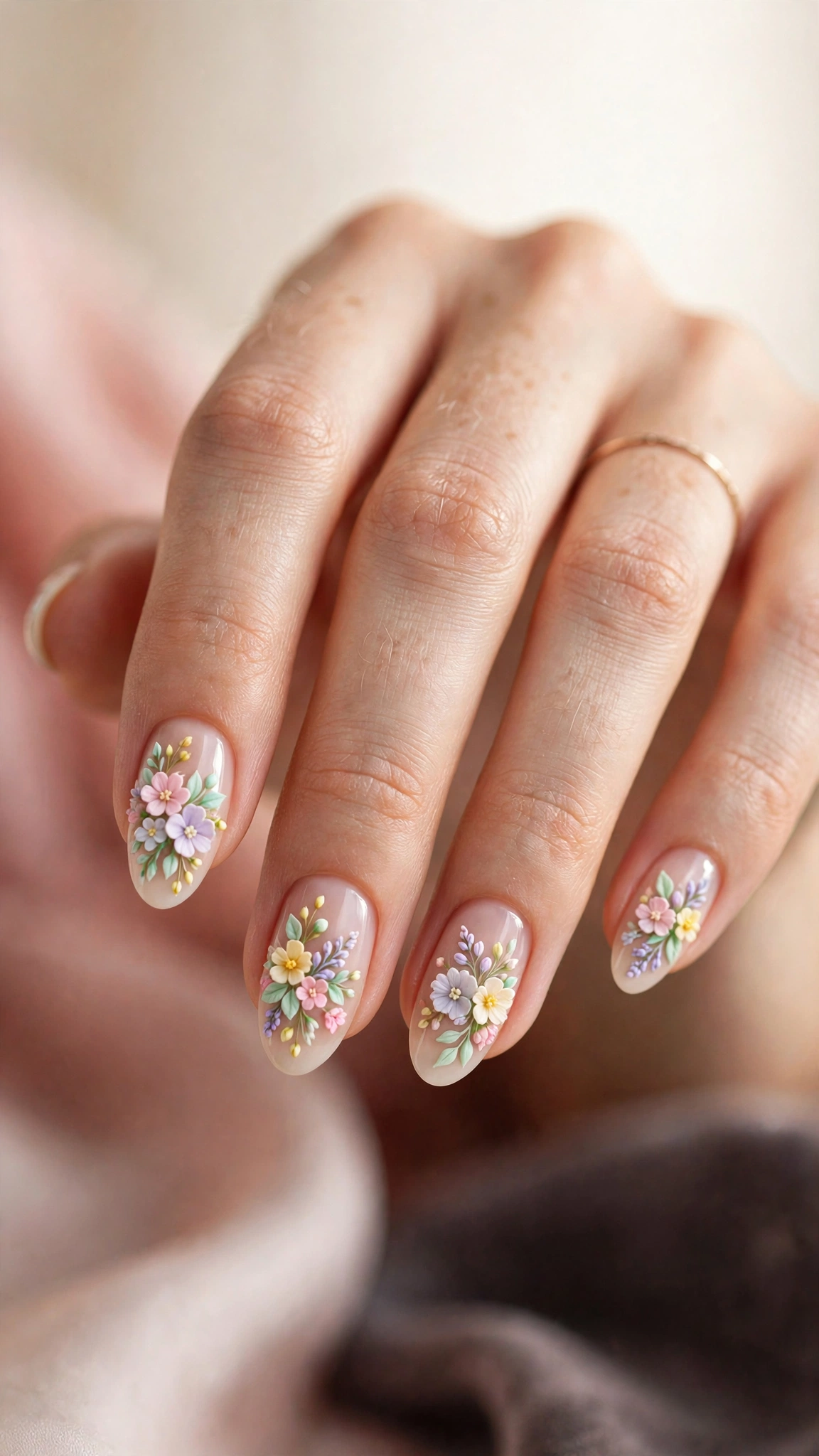 Pastel bouquet nail art with mixed soft-colored blooms