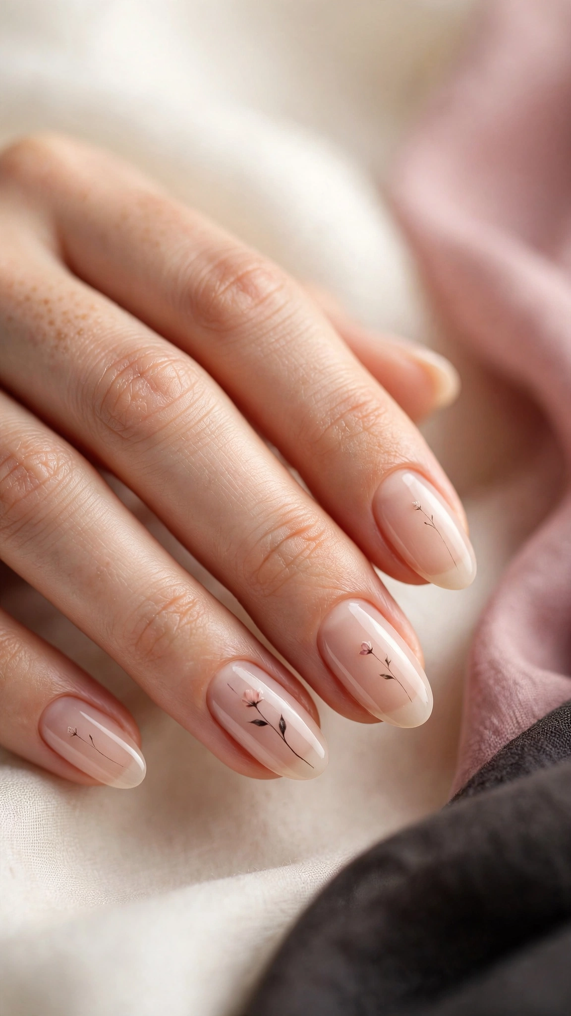 Single stem minimalist floral nail art on nude nails