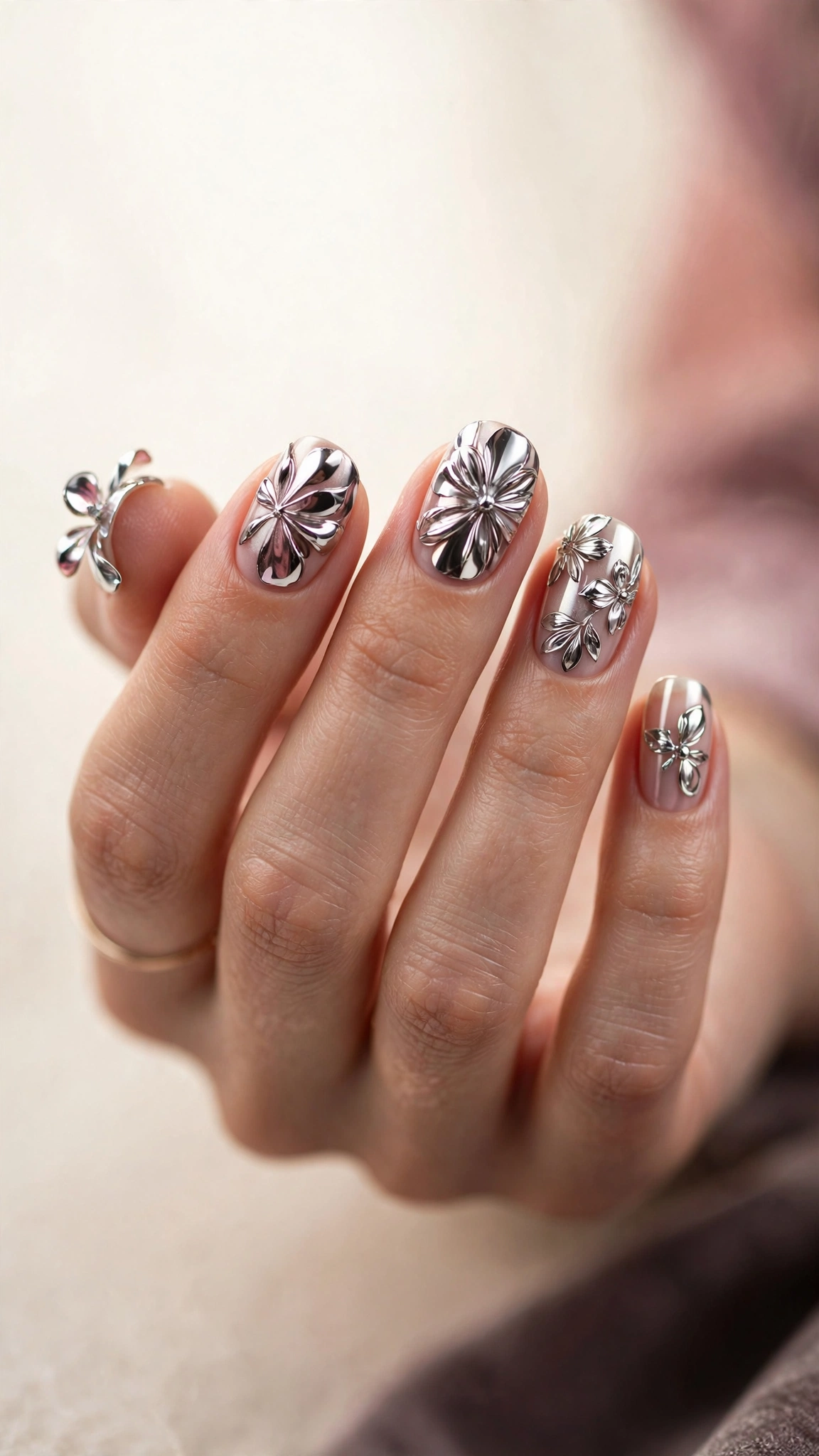 Chrome floral nail art with mirror-shine metallic petals
