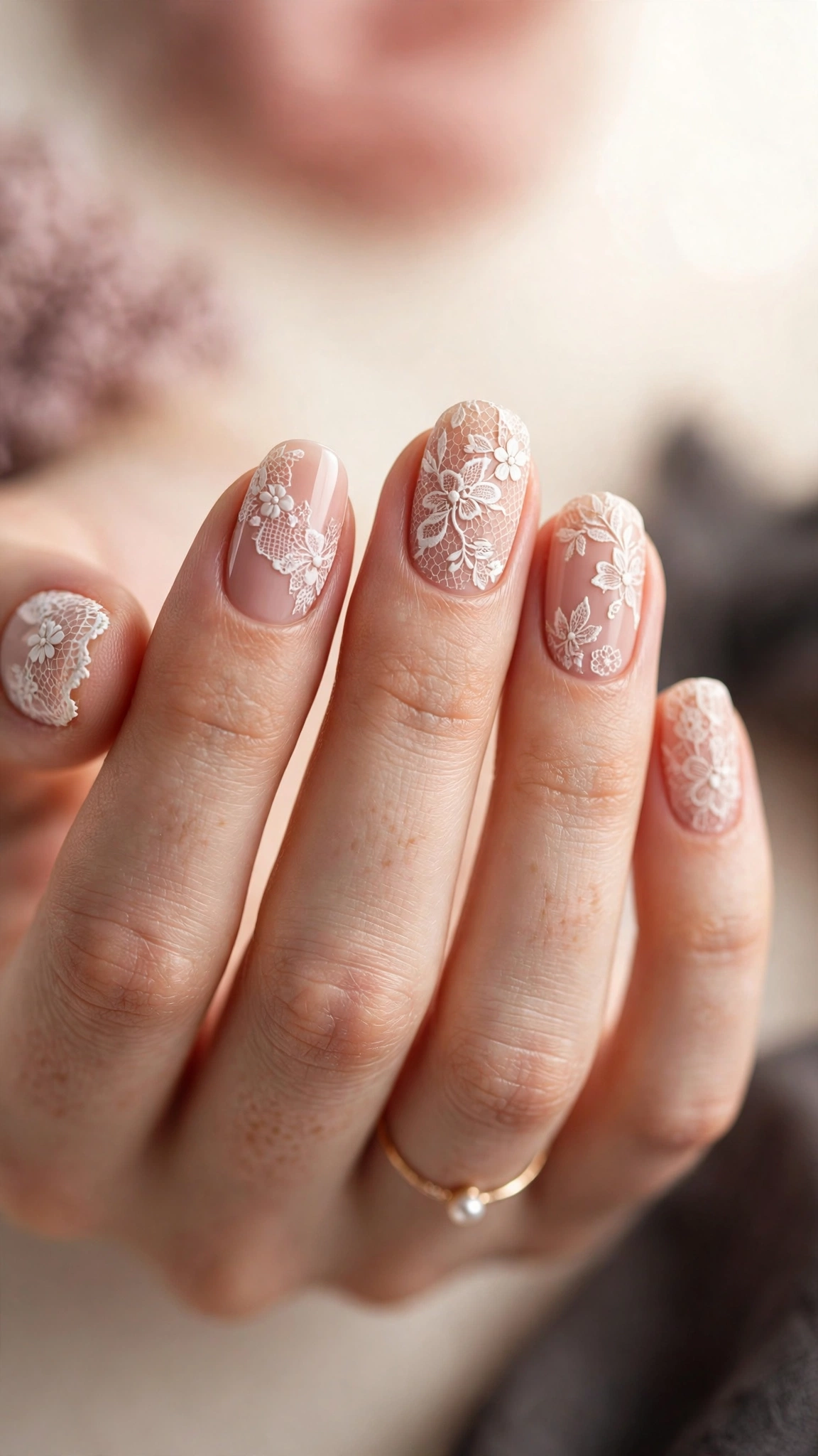 Lace floral nail art with intricate white patterns on blush nails
