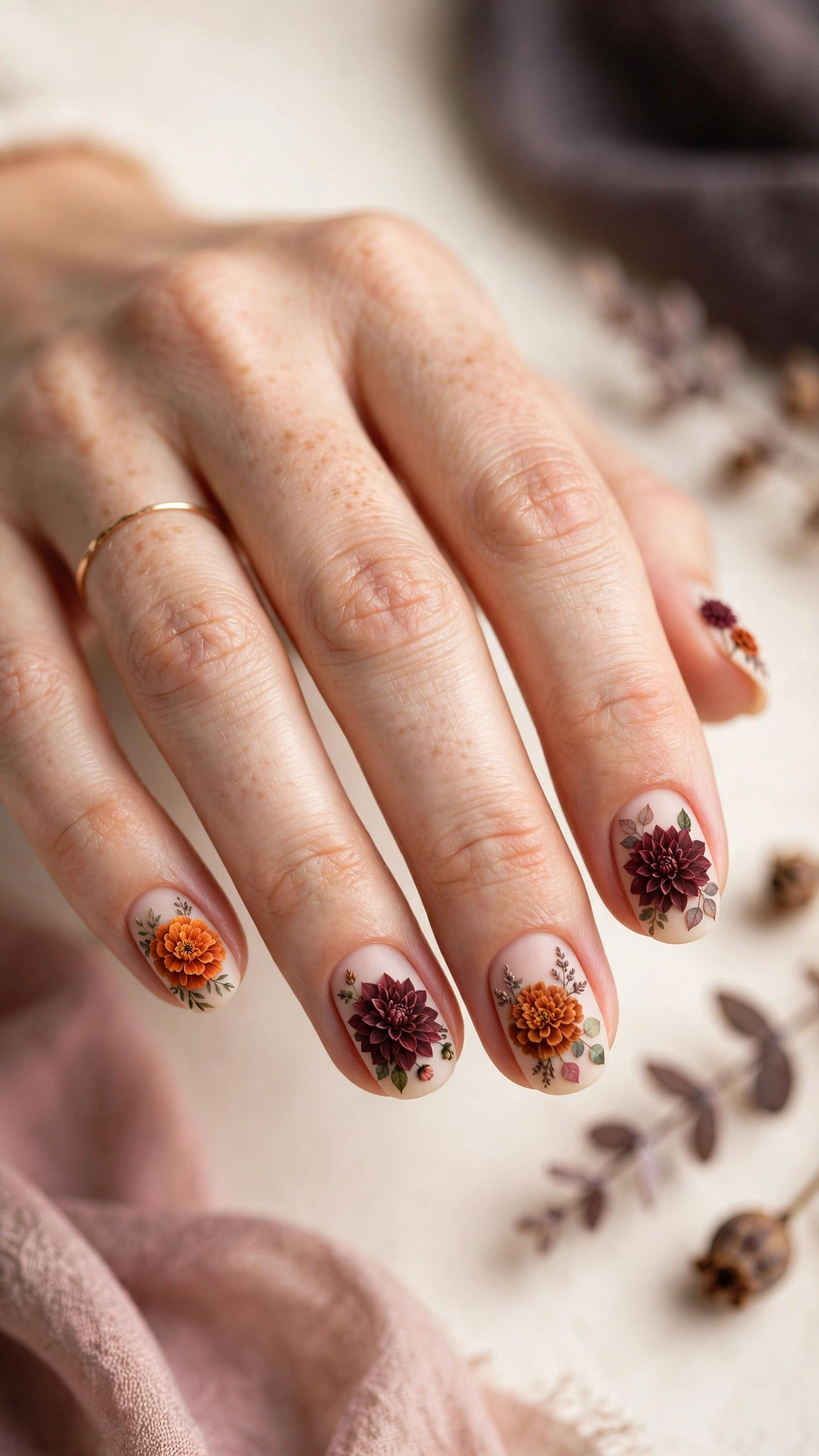 Autumn floral nail art with burnt orange and burgundy blooms