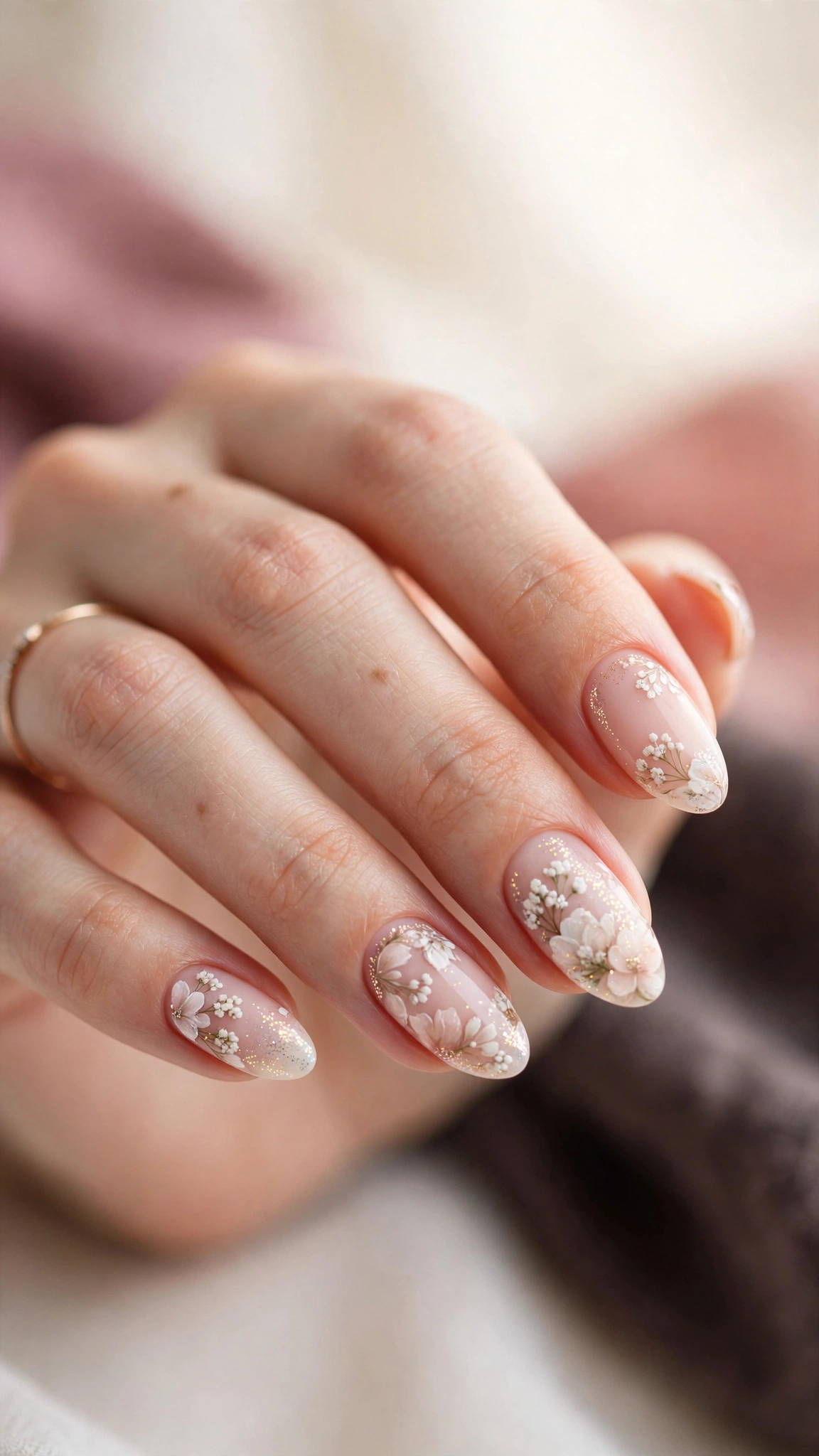Elegant wedding floral nail art with white and blush blooms