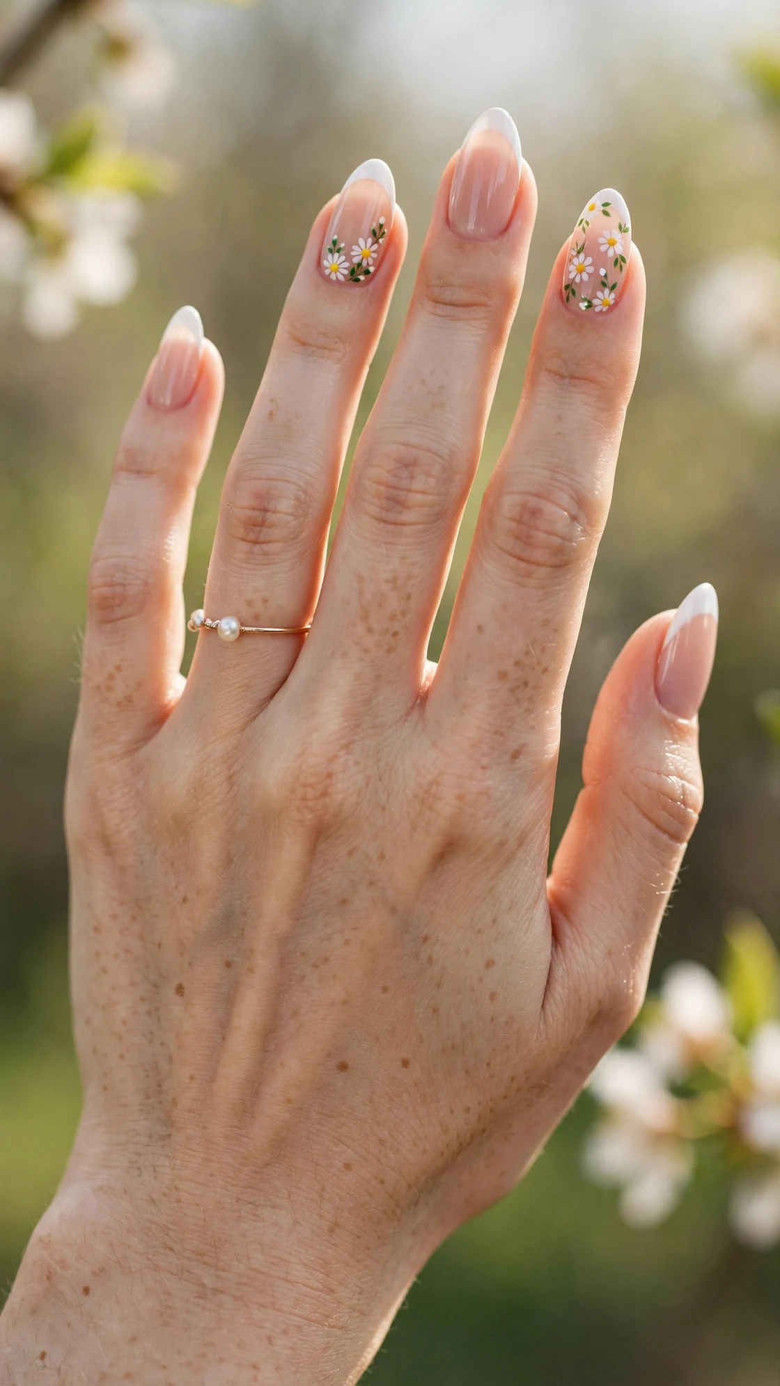 Daisy floral French tip nails