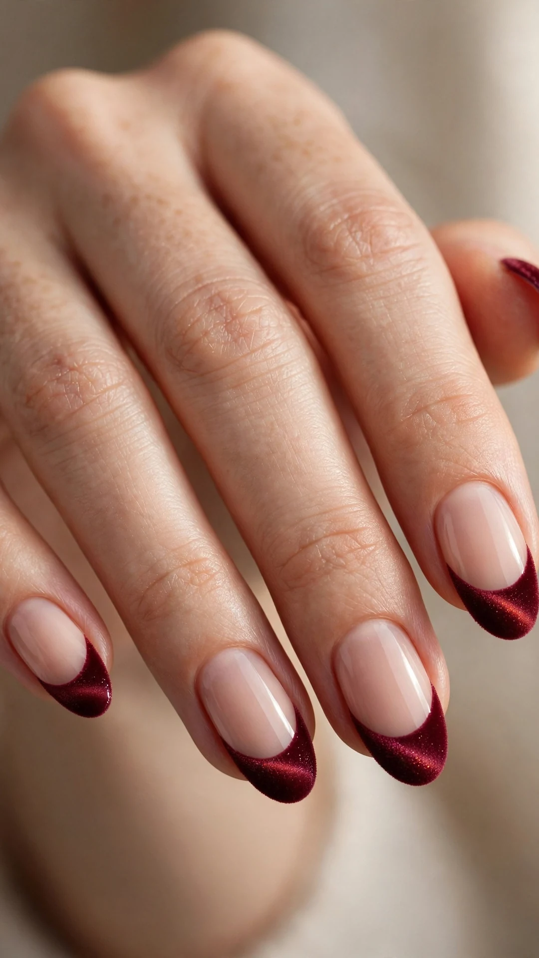 Burgundy velvet French tip nails