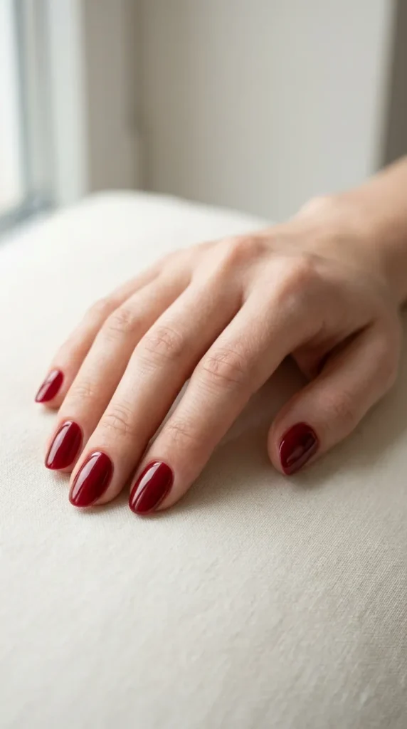 Illustrative design image: oval nails in a deep red gel polish