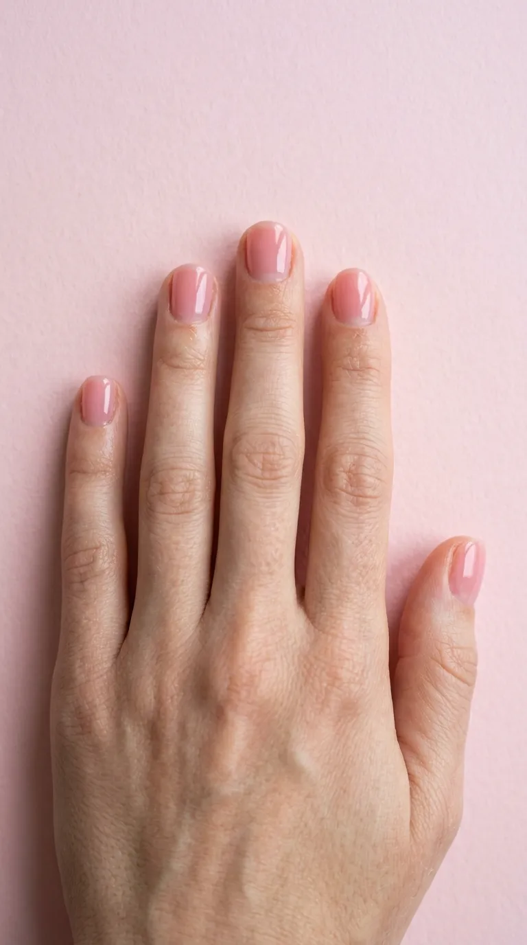 Illustrative design image: short rounded nails in a sheer jelly pink gel polish