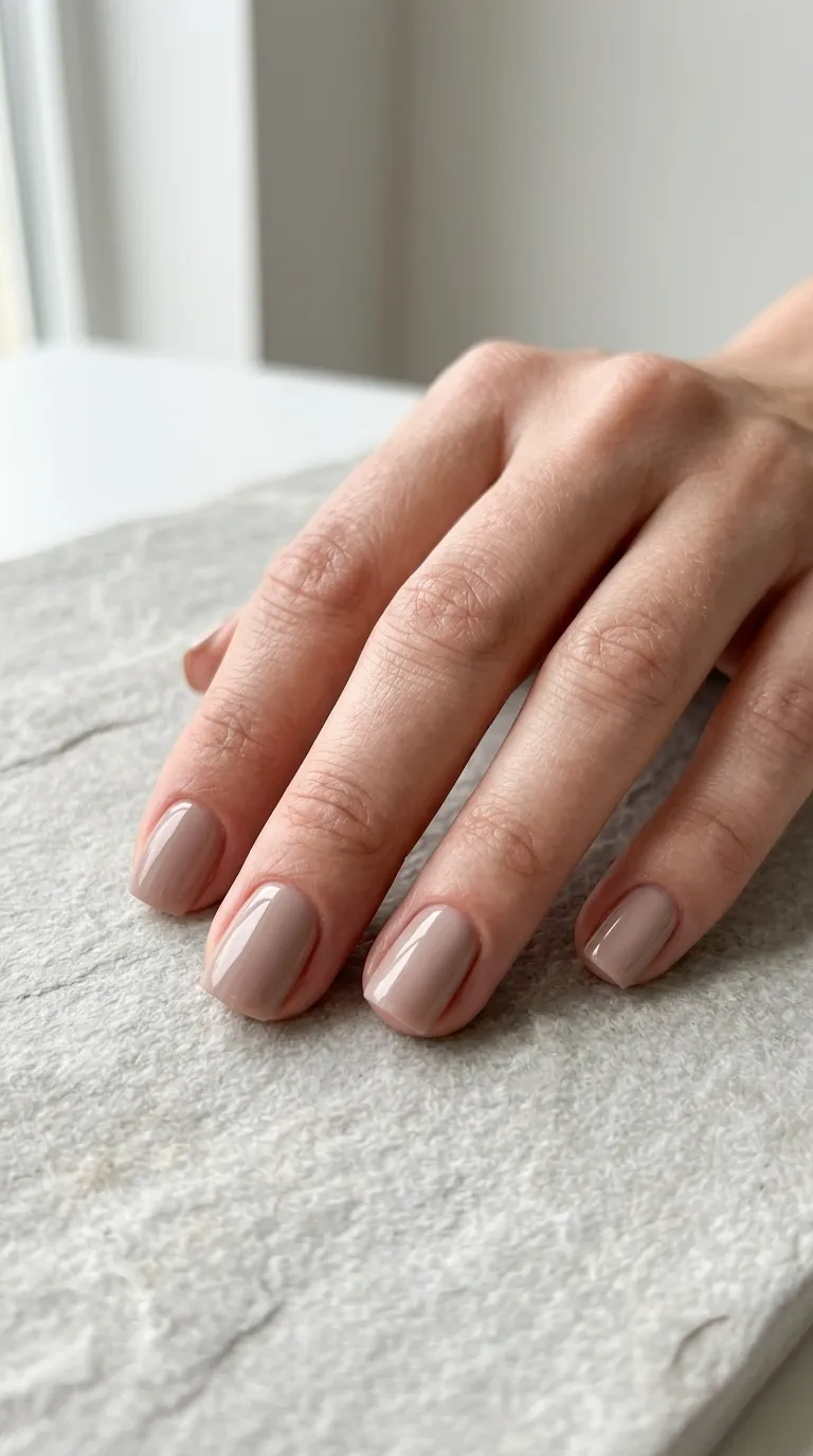 Illustrative design image: short square nails in a soft taupe-nude gel polish
