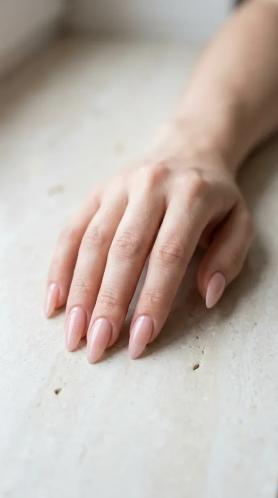 Illustrative design image: long almond nails in a sheer nude pink