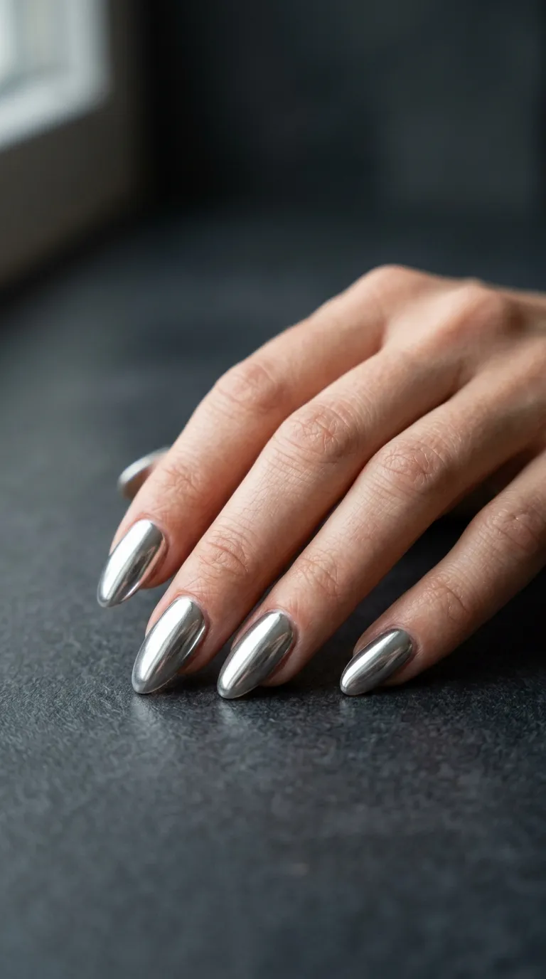 Illustrative design image: almond nails with a silver mirror chrome finish