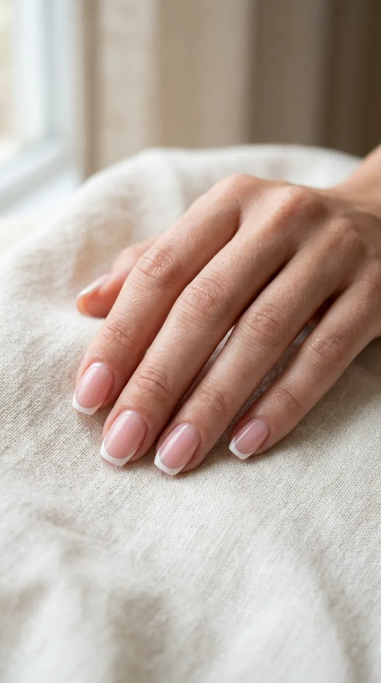 Illustrative design image: medium squoval nails with a classic French tip on a sheer pink base