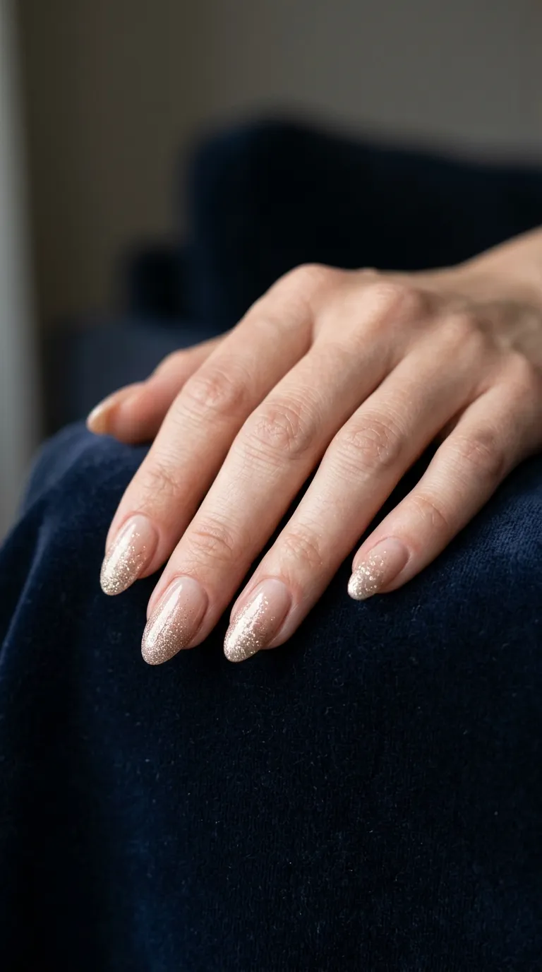 Illustrative design image: almond nails in a sheer nude with fine champagne glitter at the tips